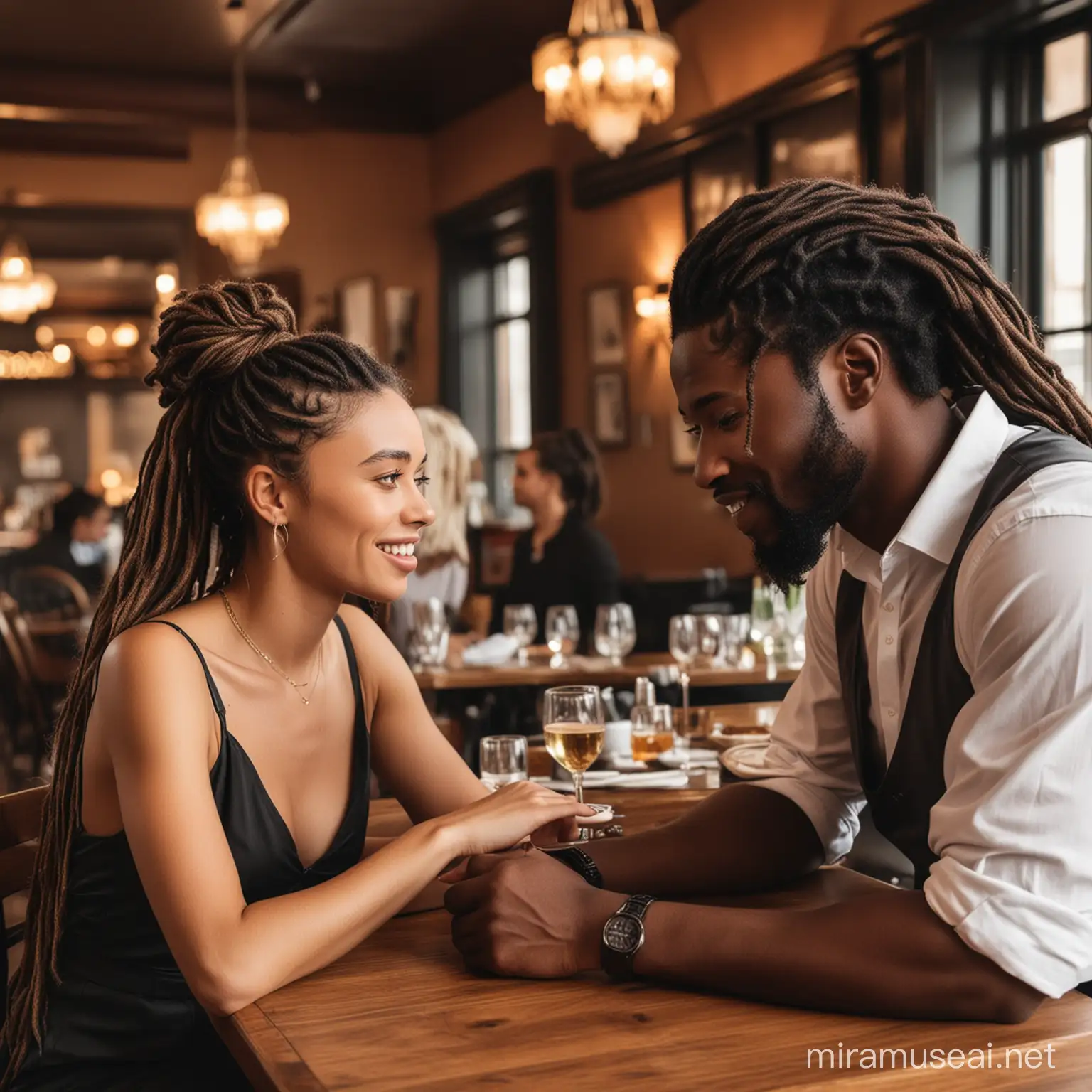 Elegant Date Night Stylish Couple Dining with Captivating Waitress