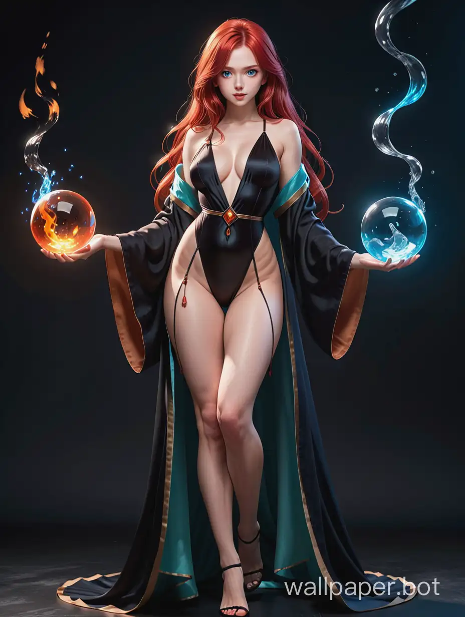 Young female wizard. Almost transparent Silk dark robe with.almost naked. Black slitto Heels. Detail rendered in 8k. Redhead with blue eyes. Waiving hair. Red dope lips. Dark theme. Full body standing. Luka di belahan dada. Berdada besar seperti melon. Narrow hips. Kulit putih mengkilat. Mengambang diatas air hitam. Horny expression.right hand holding fire orb. Left hand holding ice orb