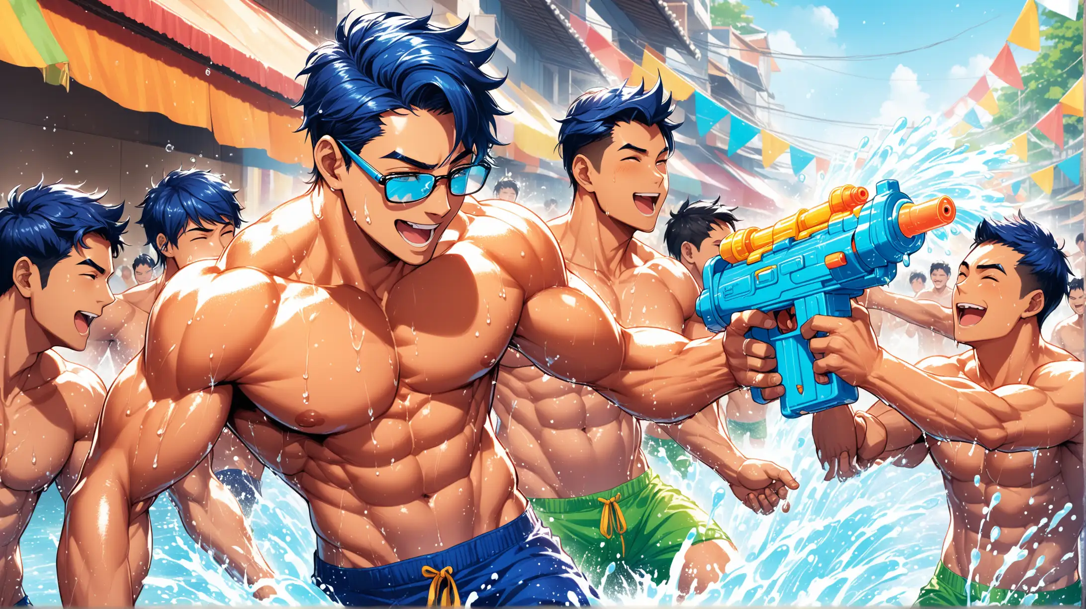 AI drawing prompt: glasses wearing cyborg muscle hunk Lancelot is having a great time in Songkran festival. His aquamarine eyes glowing, short navy blue hair damped, shirtless body glistening as all the hot gay men around him are shooting water against each other on the streets of Bangkok.

Lancelot's shirtless physique glistens under the sunlight, his muscular frame highlighted by the droplets of water clinging to his skin. With a water gun in hand, he joins in the playful chaos, engaging in spirited water fights with the other festival-goers.All around him, Thai hunks laugh and shout as they drench each other with water, their faces lit up with joy and camaraderie. The streets are alive with the sounds of splashing water and cheerful banter, creating a vibrant and energetic atmosphere.