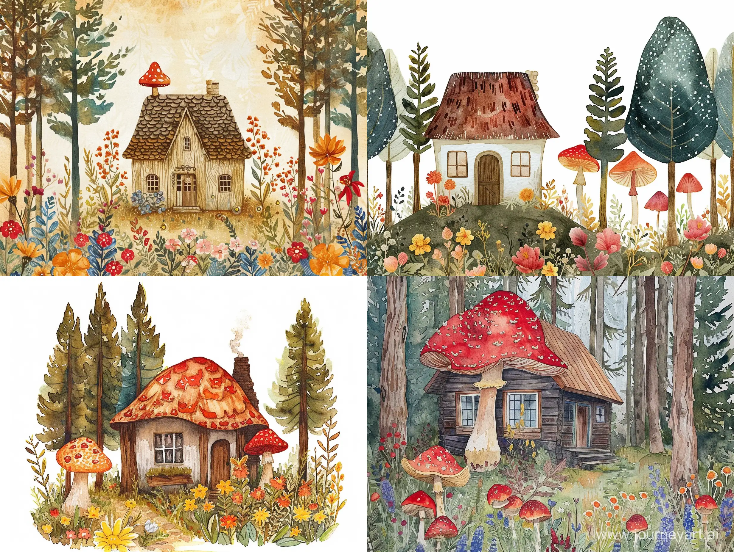 isolated watercolor cottage in the woods, cottagecore, mushroom core, Rusticcore, wild flowers,intricate woodcut, centered, vintage –s 250