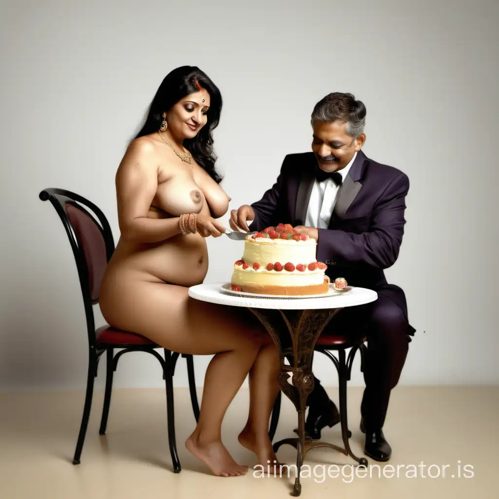 Generate full body view image of a 40 year old curvy naked indian woman serving cake to her 50 year old male boyfriend  seating on a dining chair . she is wearing wedding jewellery. The man is wearing formal suit 