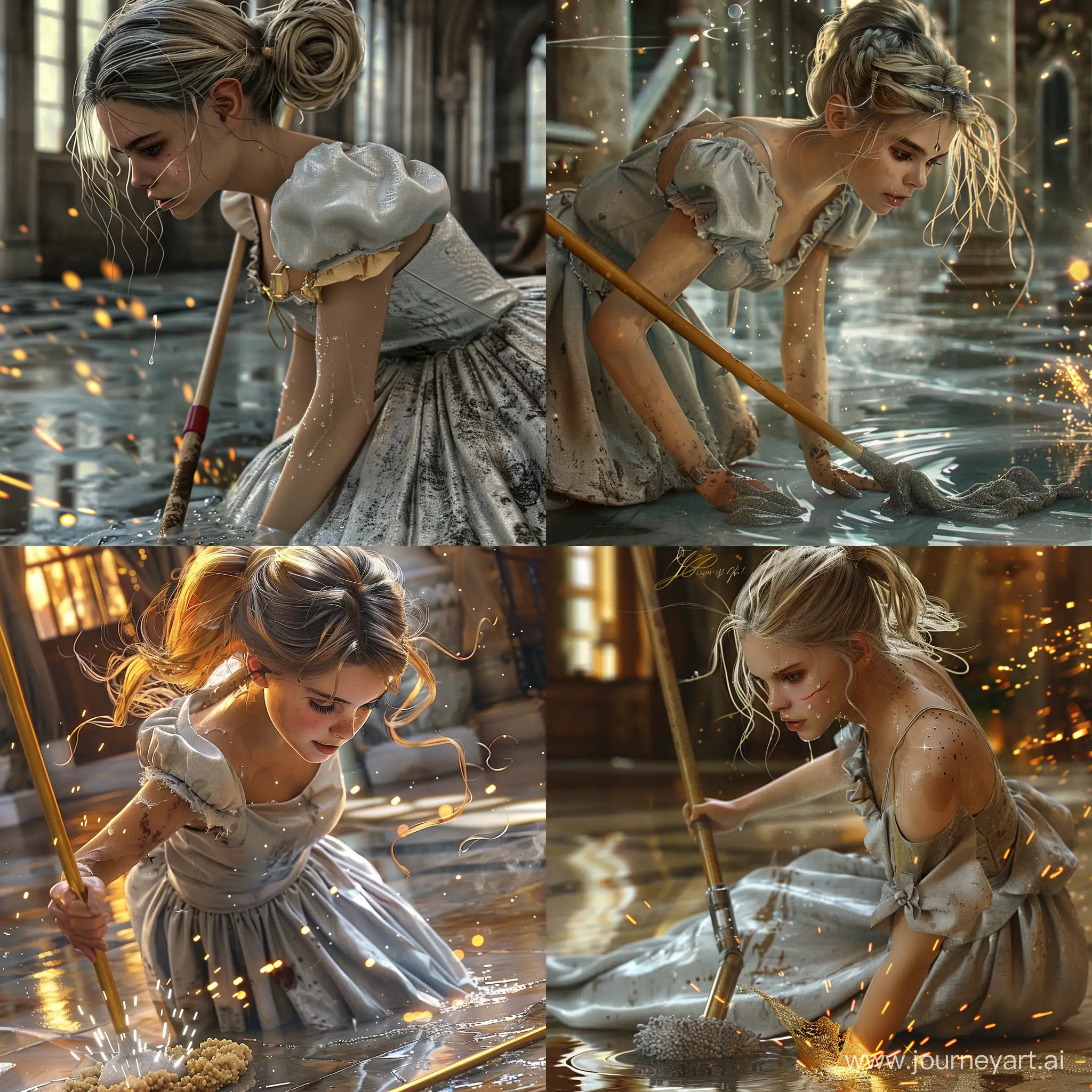  concept art, a close-up of Cinderella from the fairy tale of the Brothers Grimm washing the floor at a magic school, long a simple canvas dress of a poor girl, grey sweaty dirty, golden hair pulled back in a ponytail, magic sparks, a flying mop, joyfully, perky, as detailed as possible, a masterpiece of artistic digital painting ray tracing, of smooth movements, raw style, hyperrealism, high detail,intricate clothing details, (perfect eye detail), best quality, masterpiece, atmosphere, (detail), (complex), best quality, masterpiece, atmosphere, depth of field, cgi, 32 k