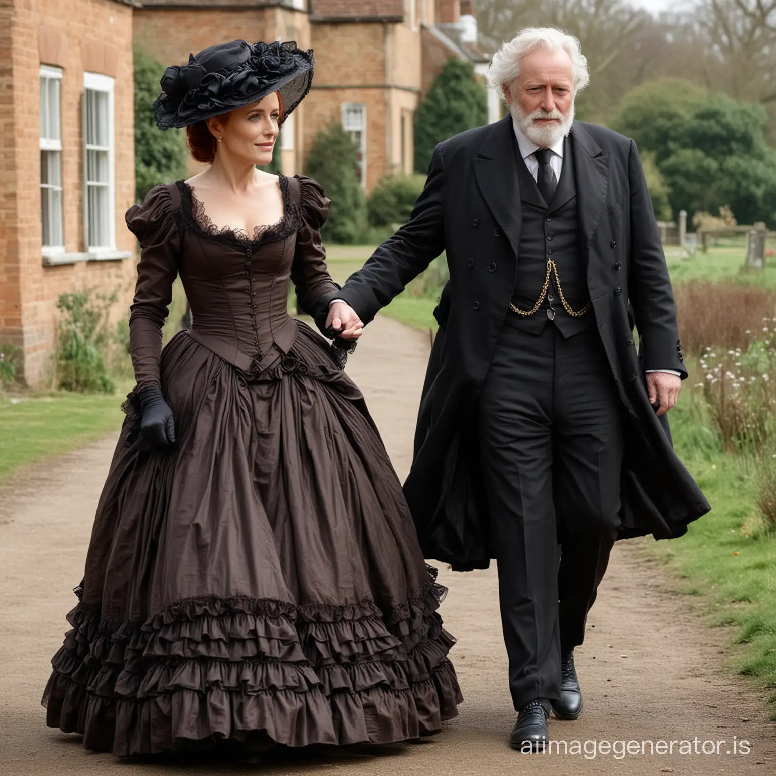 red hair Gillian Anderson wearing a dark brown floor-length loose billowing 1860 Victorian crinoline dress with a frilly bonnet walking hand in hand with an old man dressed into a black Victorian suit who seems to be her newlywed husband