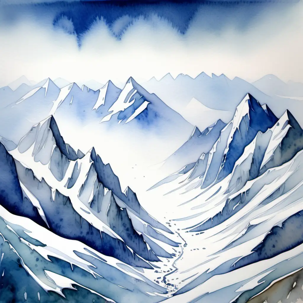 Serene Watercolor View of Towering Ice Mountains