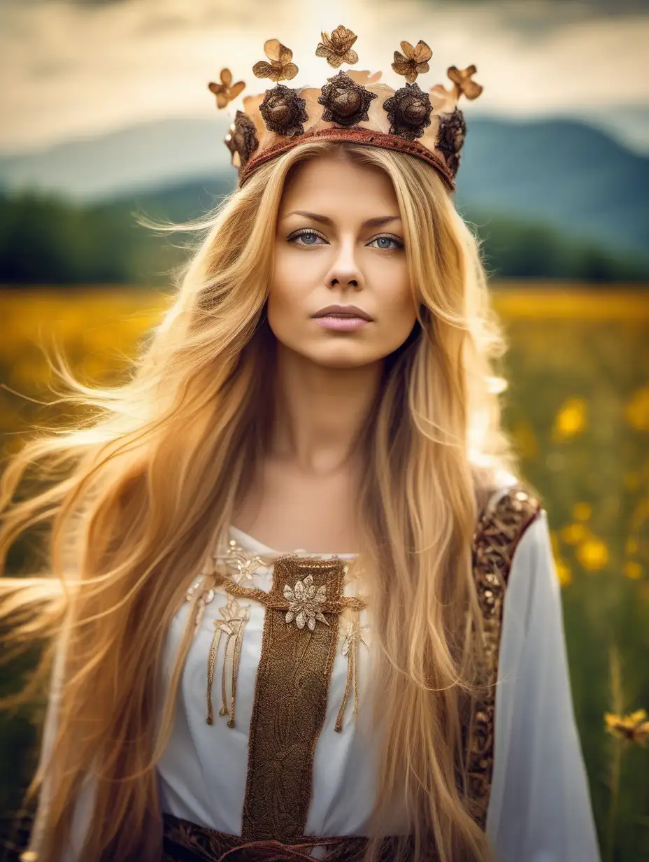 Beautiful Slavic woman Zuzana Caputova, very attractive face, detailed eyes, big breasts, slim body, messy blonde hair, dressed as a Native Slovak princess with a big blossoms crown, close up, bokeh background, soft light on face, rim lighting, facing away from camera, looking back over her shoulder, standing in front of a beautiful field with mountains in the background, Illustration, very high detail, extra wide photo of Zuzana Caputova 
