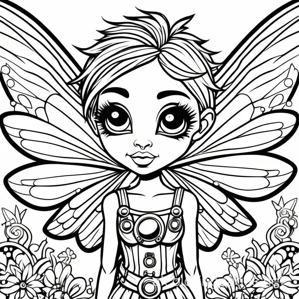 an adult coloring page that is very detailed of a cute round big faced, big eyes punk rockstar style fairy. Put the fairies wings on her back., Coloring Page, black and white, line art, white background, Simplicity, Ample White Space. The background of the coloring page is plain white to make it easy for young children to color within the lines. The outlines of all the subjects are easy to distinguish, making it simple for kids to color without too much difficulty