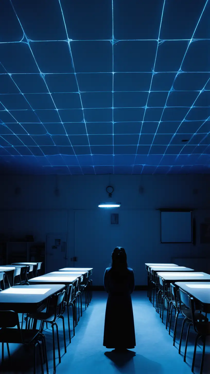 chroma, lighting, star, tonal colors, LED lighting in the dark, blueprint, game, bleak, classroom, Marina Abramović art,