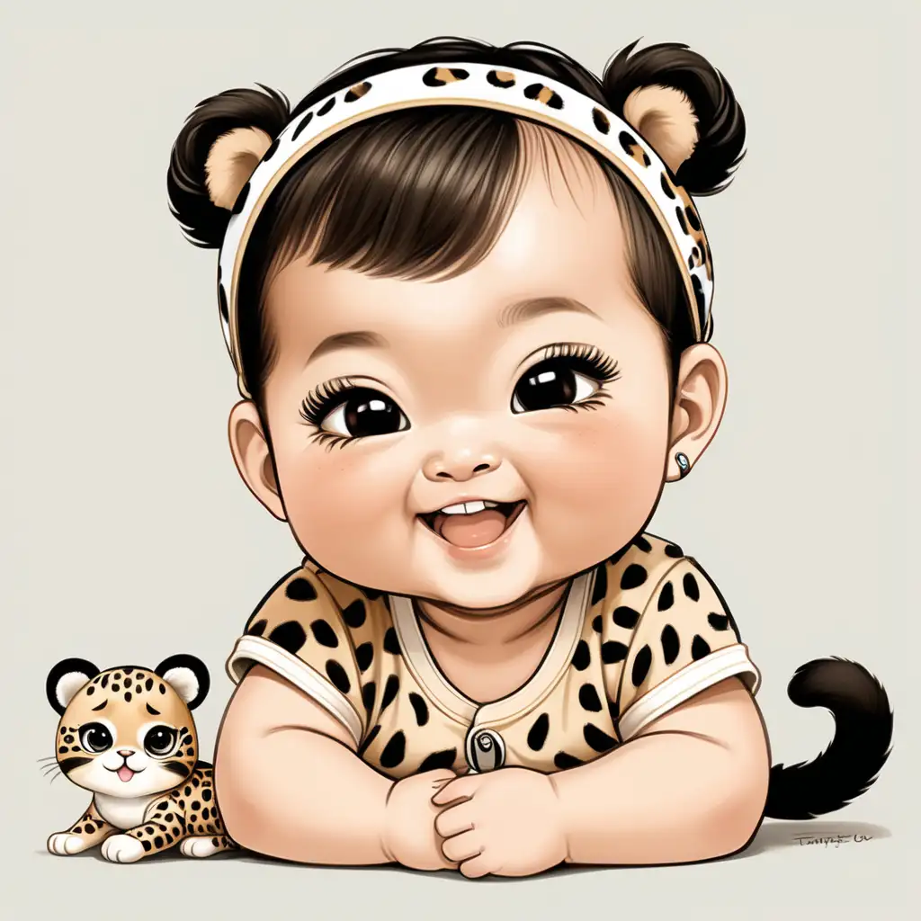 cute illustration of a chubby cute asian 5 month old baby girl with big eyes and long eye lashes, upward eyebrows, short hair, smiling with 2 bottom teeth showing, triangle bang, Holding a cat, wearing cheetah prints onesie and cheetah prints hairband, no background