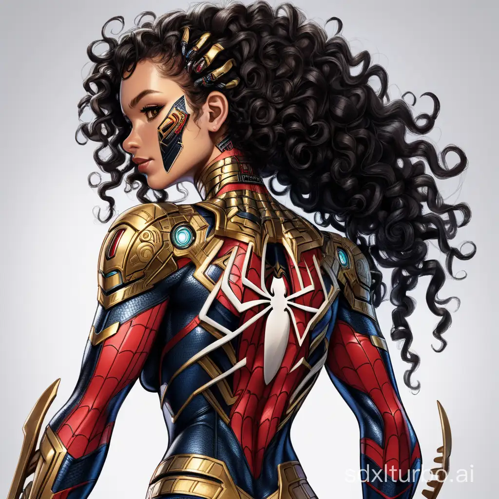 Spider-Man, but woman, with the suit inspired by the Aztec warriors, with white skin color, black and curly hair, with robotic claws coming out of her back, with the suit in colors, black, gold, and red