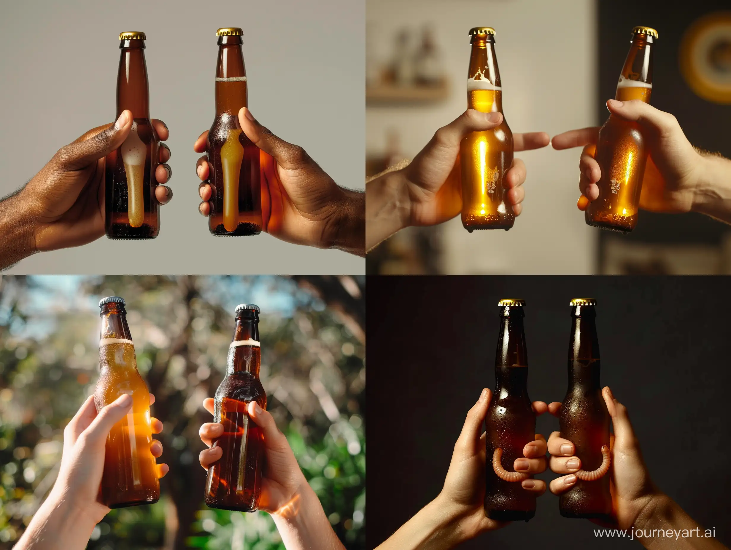 two hands holding a beer bottle in each hand. The nads are criss crossed