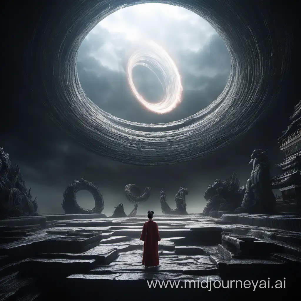 Surreal Time Tunnel in Classic Chinese Mythology Black Hole Vortex and Interwoven Scenes
