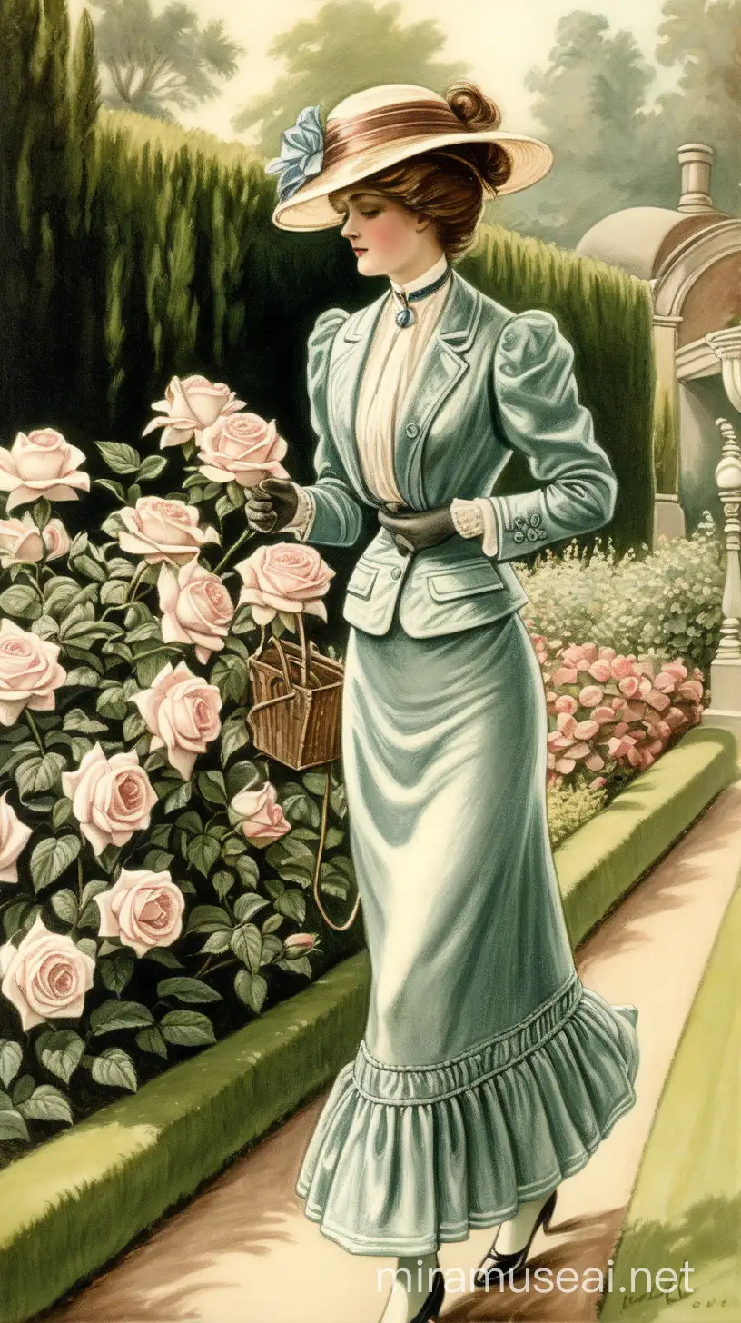 Fancy edwardian era lady in her late 30s wearing an 2 piece edwardian skirt suit walking in her garden smelling roses, edwardian era drawing