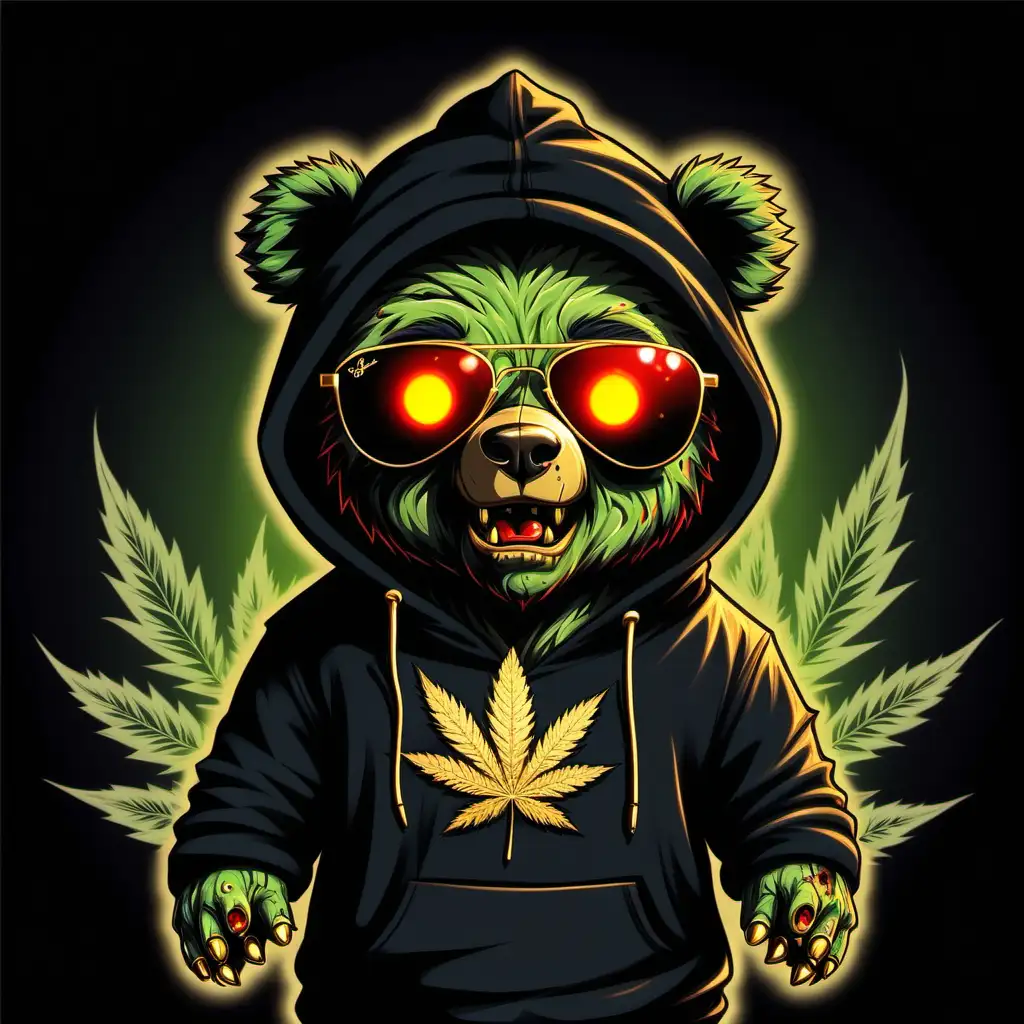 Glowing RedEyed Zombie Teddy Bear in Pot Leaf Hoodie and Gold Accessories