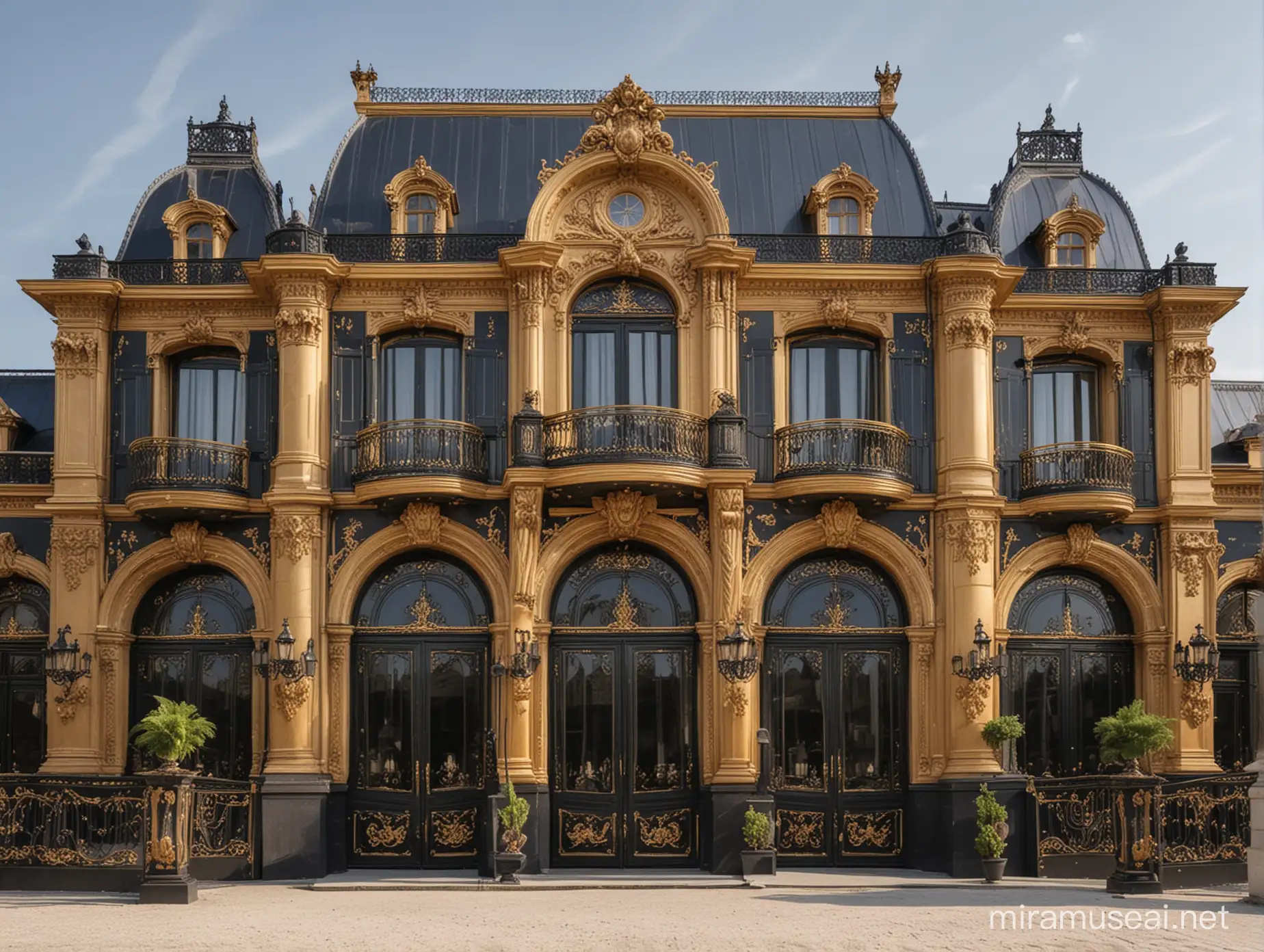 Beautiful and Luxurious black and golden mega French palace exterior 