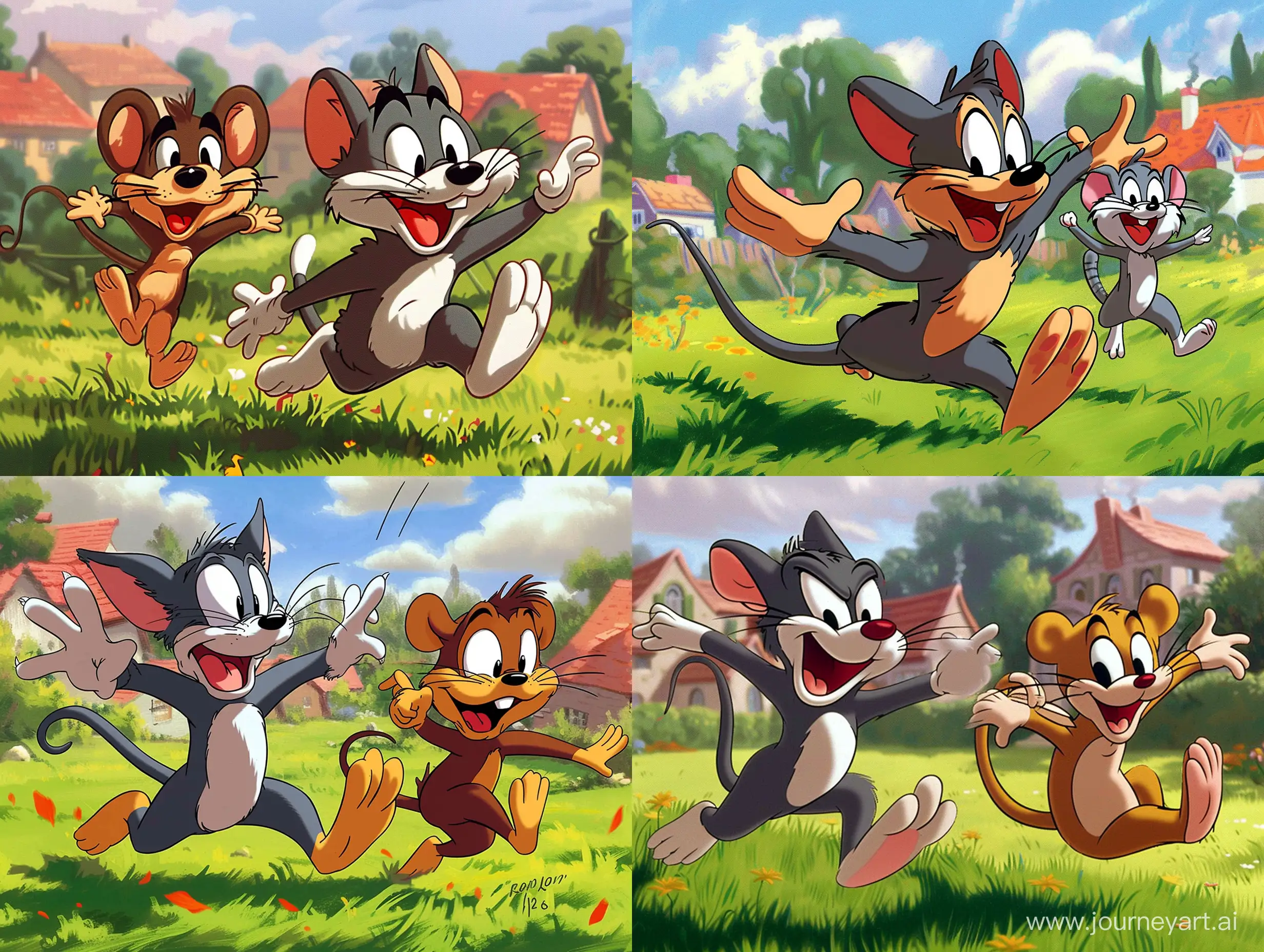 https://live.staticflickr.com/7175/6387951013_97df143678_c.jpg 
In this cartoon scene, two popular characters from Looney Tunes are featured. Tom is shown chasing Jerry as they both run across a grassy field. Tom has his arms outstretched in an attempt to catch Jerry who appears to be laughing and enjoying the moment. The background includes houses and trees, adding to the lively atmosphere of the scene. --s 750
