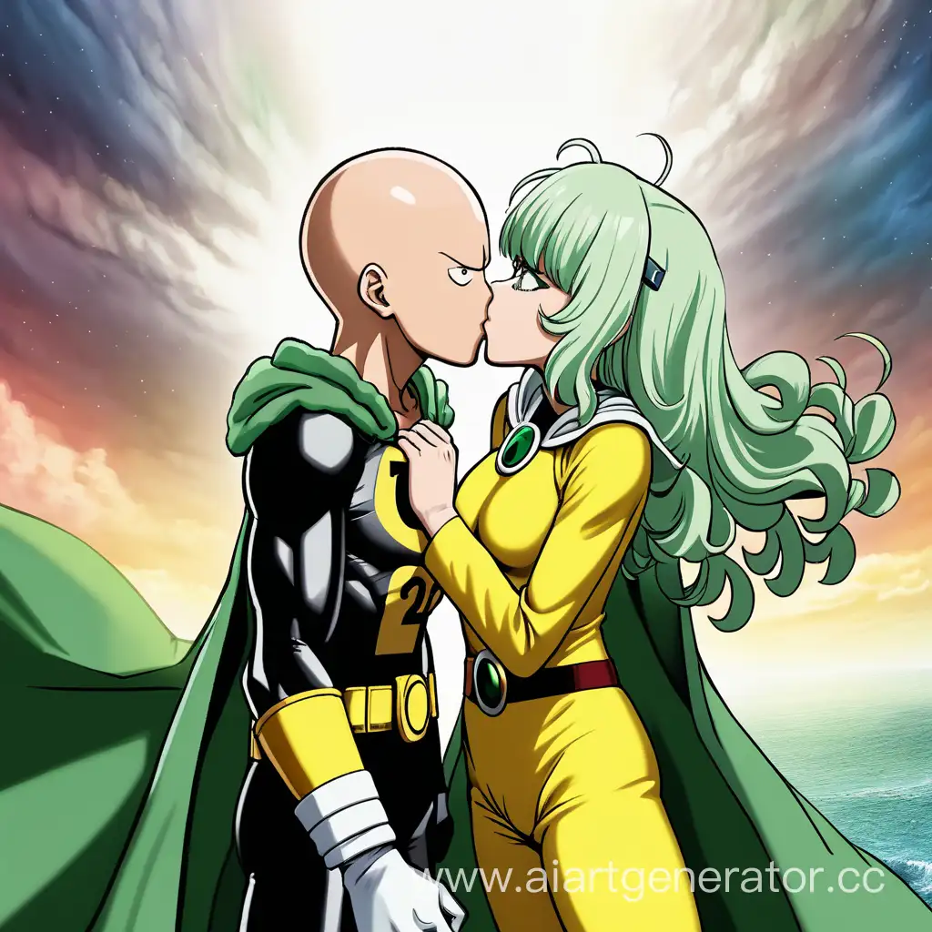 One punch man, Сайтама и Татсумаки, Двое, Парень и девушка, Во весь рост, Ship, поцелуй, Зелёное платье, жолтый костюм супер героя, 