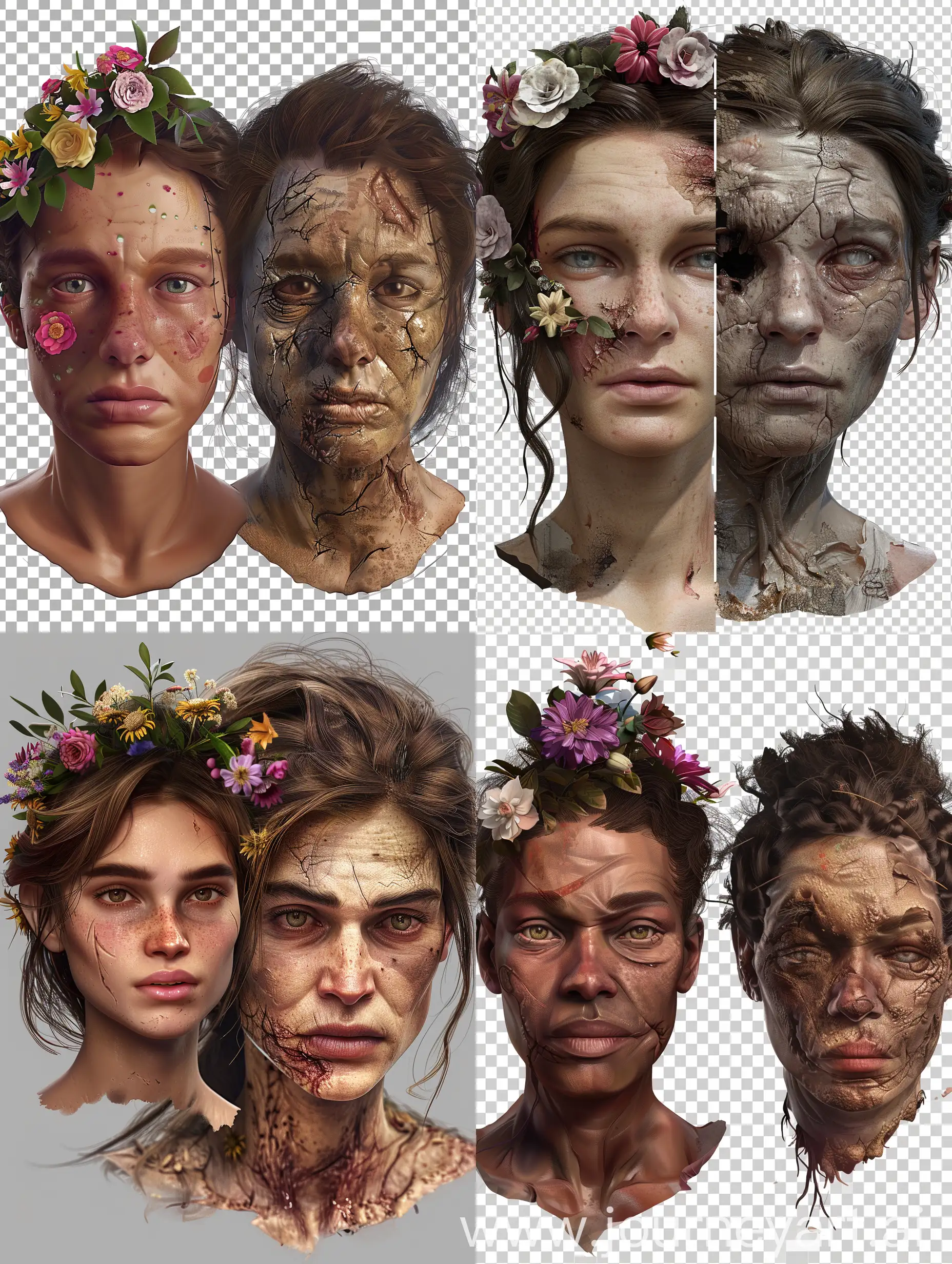 Contrasting-Emotions-Joyful-and-Weary-Faces-of-Women-with-Flowers-and-Scars