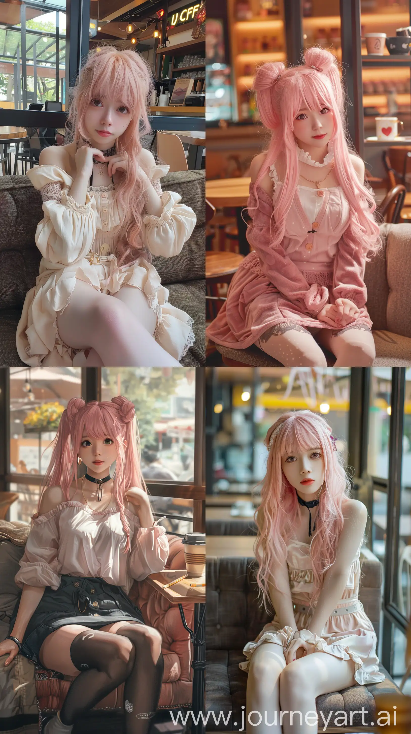 Mikami-Yua-Enjoying-a-Casual-Moment-at-a-Cozy-Cafe-with-Pink-Hair-and-Cute-Attire