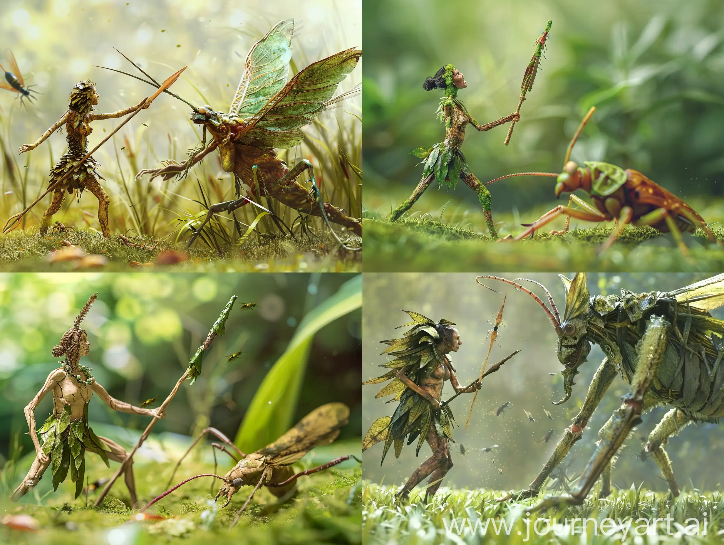 Fantasy-Survival-Microscopic-Woman-in-Leaf-Loincloth-Faces-Giant-Insect-Threat