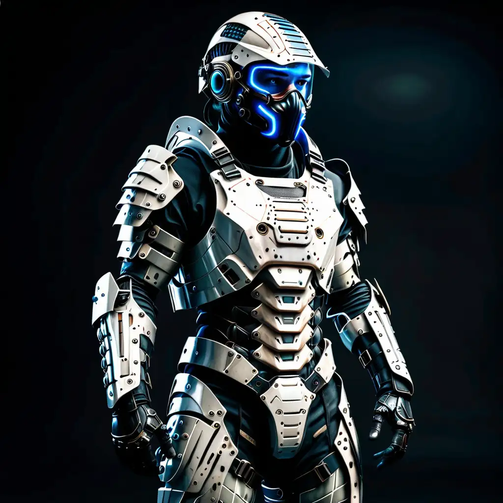 Full body shot of Futuristic soldier wearing lamellar-styled combat armor. He wears a face mask.