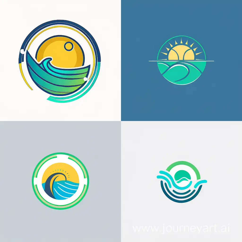 I want professional Minimalistic logo using simple lines and blue and green colors, with a symbol of aquaculture logo as circle bottom wave of sea top half circle yellow as sun  and  --niji 4 --ar 1:1 --no 84879