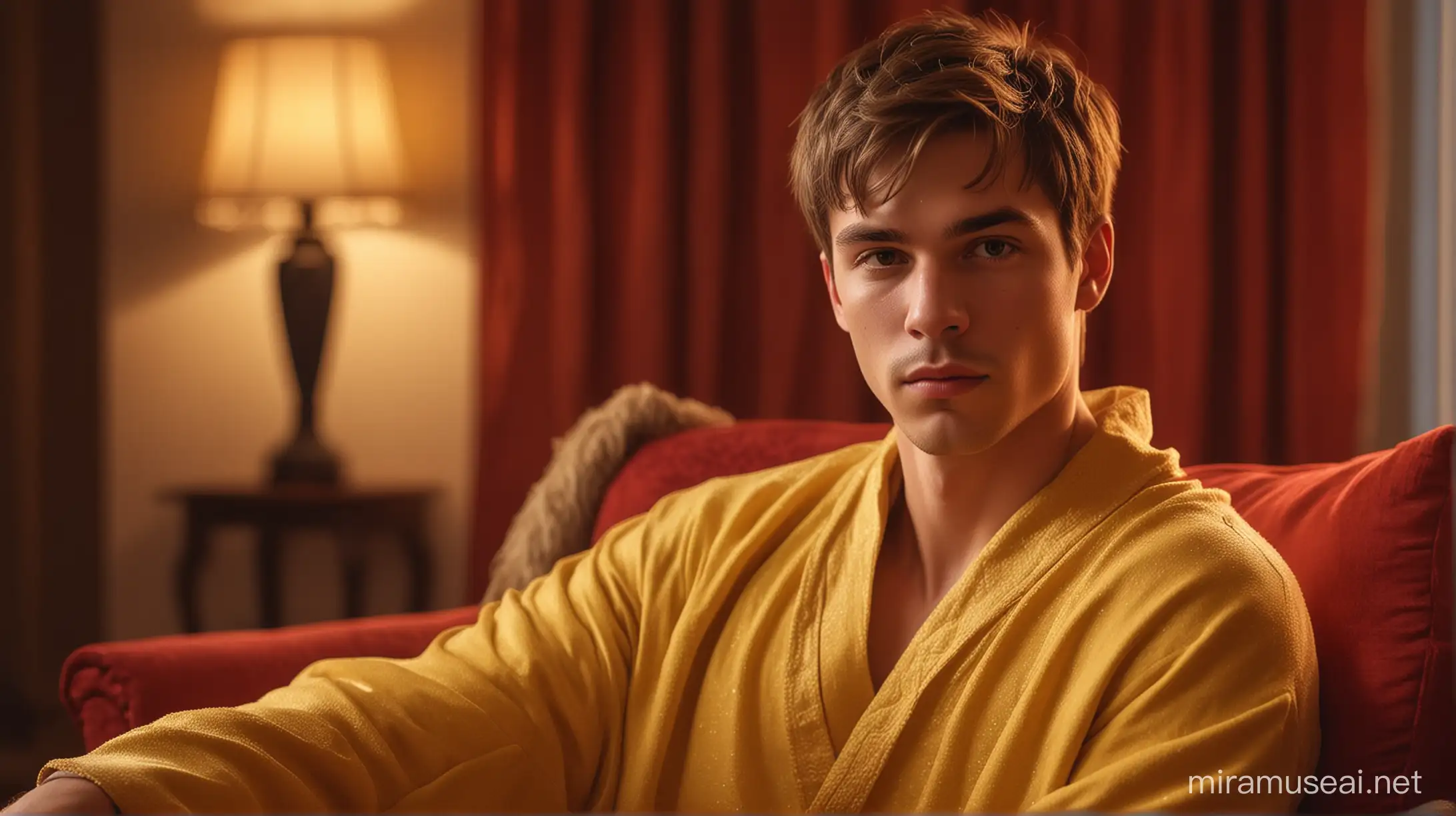 photo realistic, high quality, young man, perfect face, brown straight short hair, wearing light-yellow robe, sitting on the armchair, red light night room, detailed brushwork, soft bokeh, depth of field, opulent colors, velvety shadows, meticulous detail, luxurious atmosphere, sumptuous textures