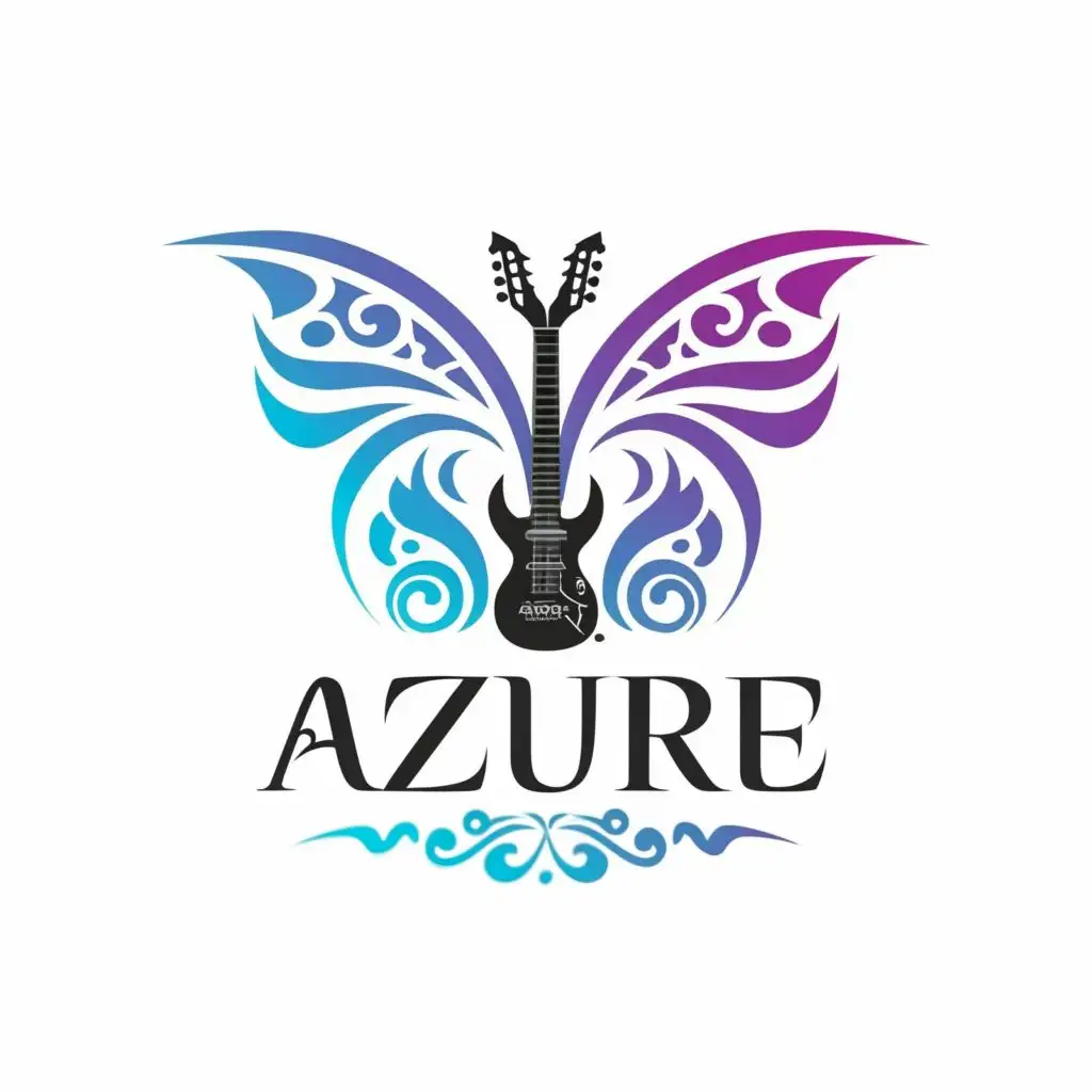 logo, rock guitar butterfly color blue and purple with the text "Azure", typography, be used in bar, pool, music ,must in purple color