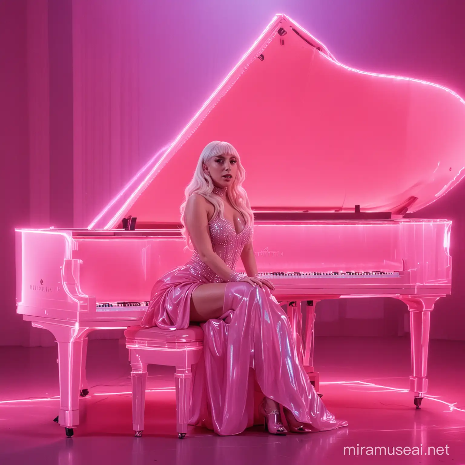 Lady gaga wearing chromatica tour costume while sitting py pink holografic semi-transparant piano