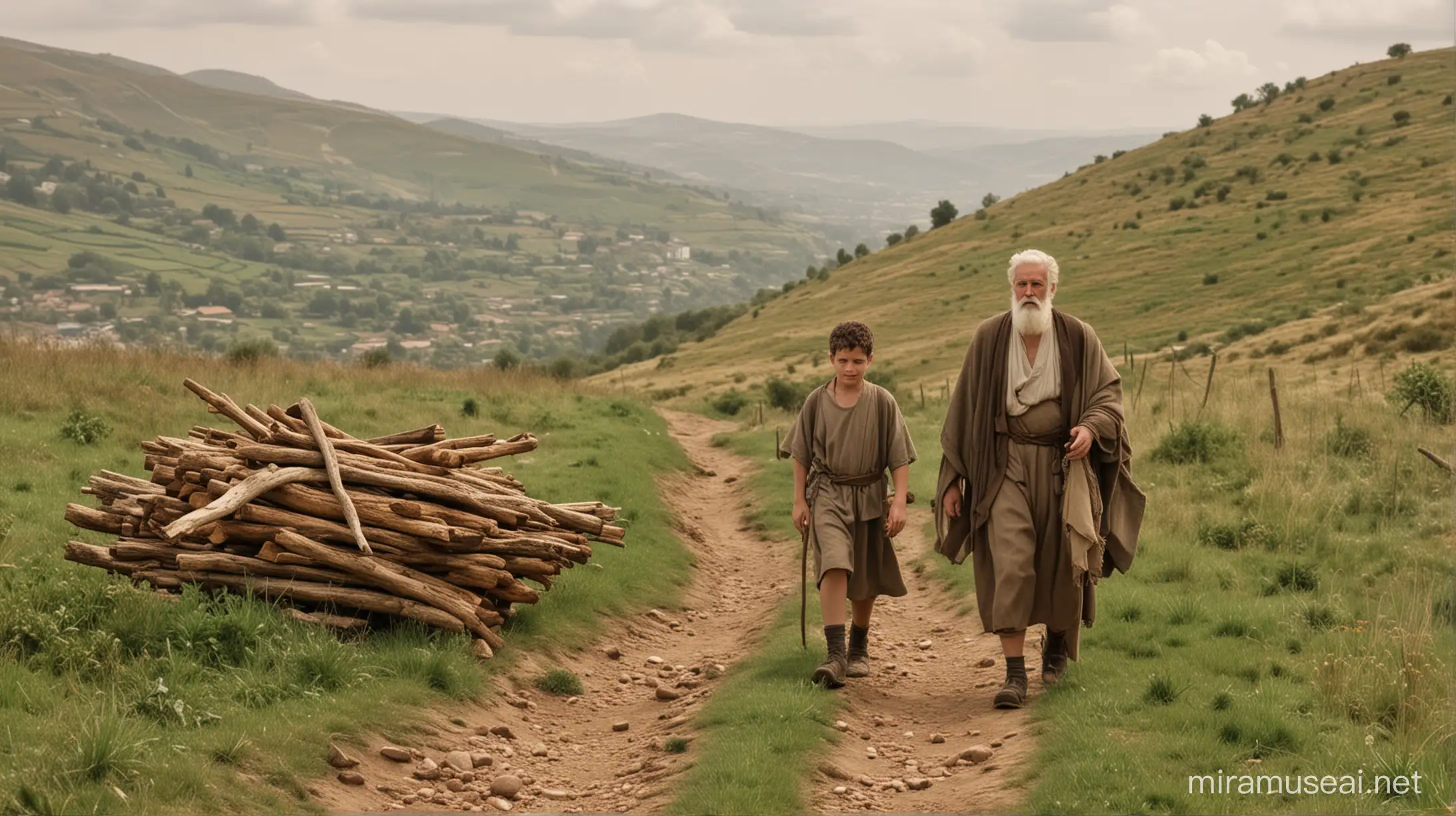abraham and young Isaac walking with wood on th ehill