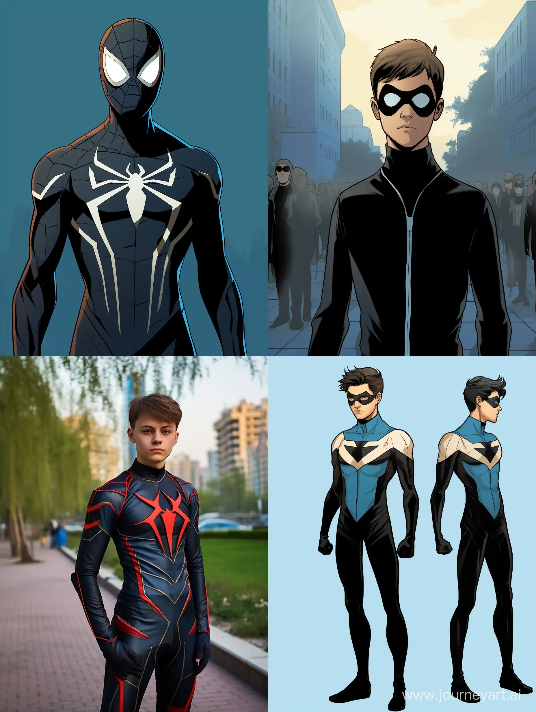In comics style, full length, he is superhero, he is teenager, his homemade costume has blue and white colours, hi wears mask with lenses, he has a black bow, he's skinny, he is 180 centimetres tall, he hasn’t logo on his costume, his costume vaguely resembles that of Spider-Man, he has no thorns and huge pockets, he doesn't wear a hood, his homemade costume is not overflowing  with details, he doesn't wear a raincoat