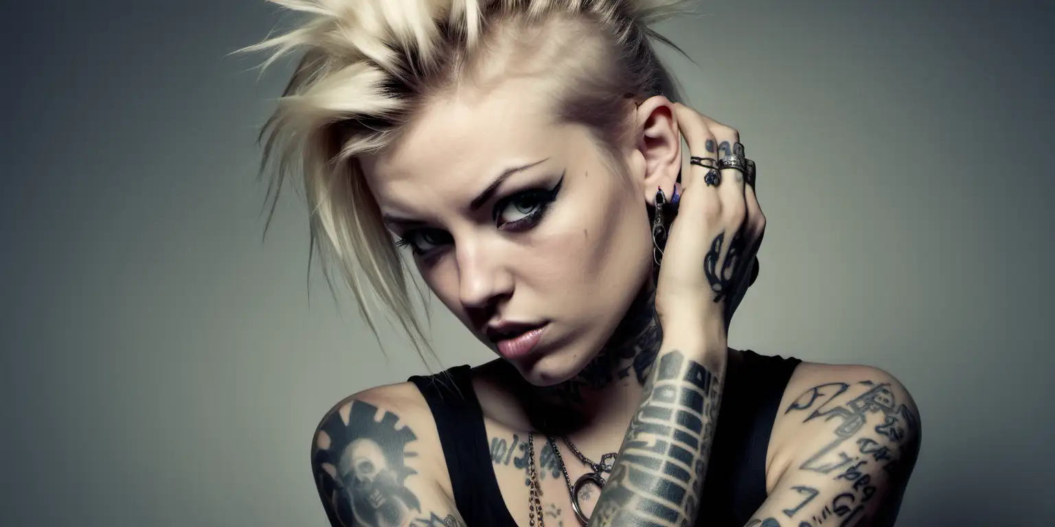 beautiful blonde girl, punk rocker, covered in tattoos, bad attitude, 
