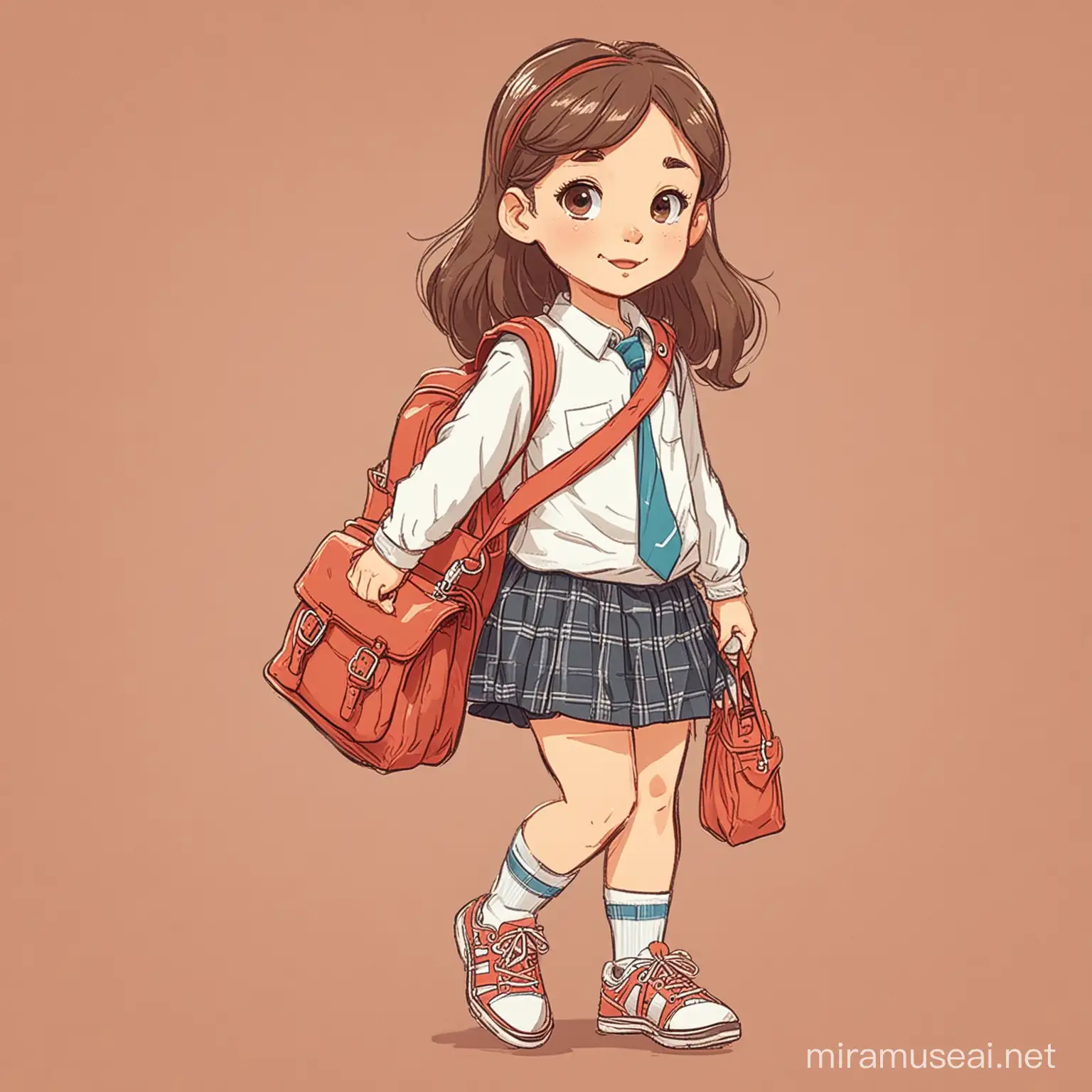 漫画手绘风格，小学2年级女学生，裙子，背着书包