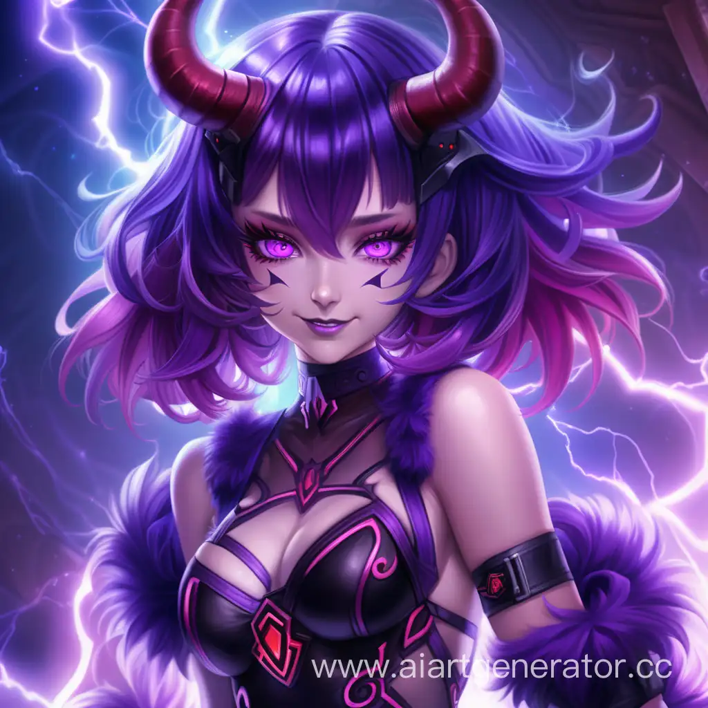 A girl with electric purple hair, purple neon eyes, electric fluffy dress, electric purple stockings, electric purple shoulder-length gloves, purple transparent fabric flowing from shoulders to the floor, demonic red and black horns, sly smile, lightning magic, deep space