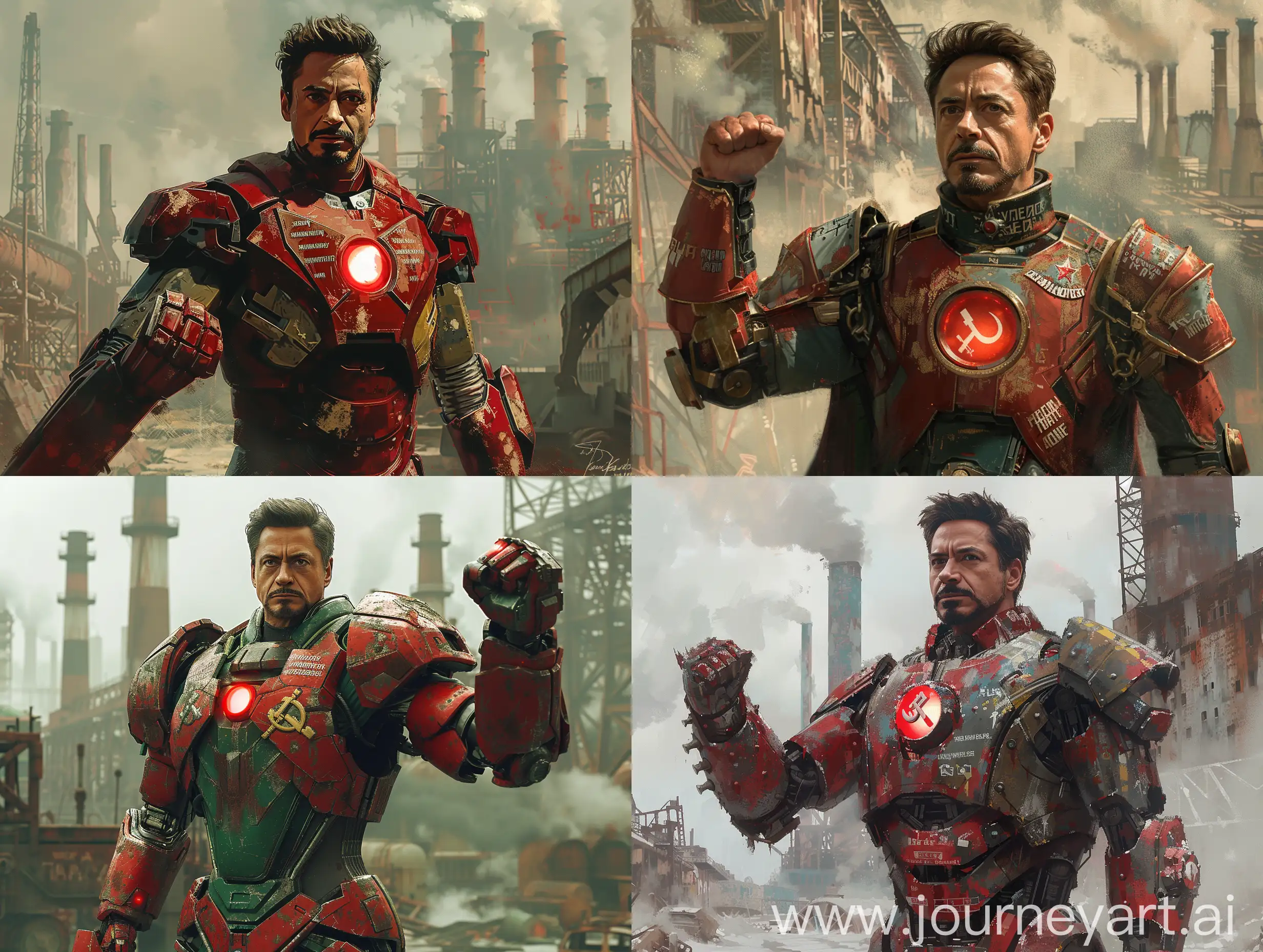 A Soviet-era exosuit-clad superhero, resembling Iron Man but with distinct features reflecting the Cold War aesthetic.
The exosuit is a mix of heavy, industrial-looking metal plating painted in faded red and olive-green Soviet military colors. Its design incorporates iconic Soviet symbols such as the hammer and sickle, subtly engraved on the chestplate. The suit is adorned with Cyrillic writings and features advanced, yet slightly bulky, technology reminiscent of the era.
The superhero inside the exosuit, a determined and stern figure, stands tall with a raised fist. In one hand, he wields a modified energy weapon that emits a radiant red glow, symbolizing the power of socialism. His other hand is firmly clenched, showcasing strength and resilience.
The scene is set in a vast, crumbling industrial complex from the Soviet era, filled with dilapidated factories, smokestacks, and remnants of a bygone era. The air is thick with dust and the sky is overcast, casting a somber atmosphere over the landscape. Faint traces of Soviet propaganda posters can be seen peeling off the decaying walls, depicting messages of unity and strength. The overall style of the scene is heavily influenced by Soviet Realism art, with muted colors and a focus on portraying the heroic proletariat. Gritty and Industrial: The environment is filled with the remnants of heavy industry, rusty machinery, and abandoned factories, reflecting the harsh realities of the Soviet era. Contrasting Red Glow: The red glow from the superhero's energy weapon stands out vividly against the dull and faded background, symbolizing the enduring spirit of the Soviet people ‐‐q . 25 --stylize 500