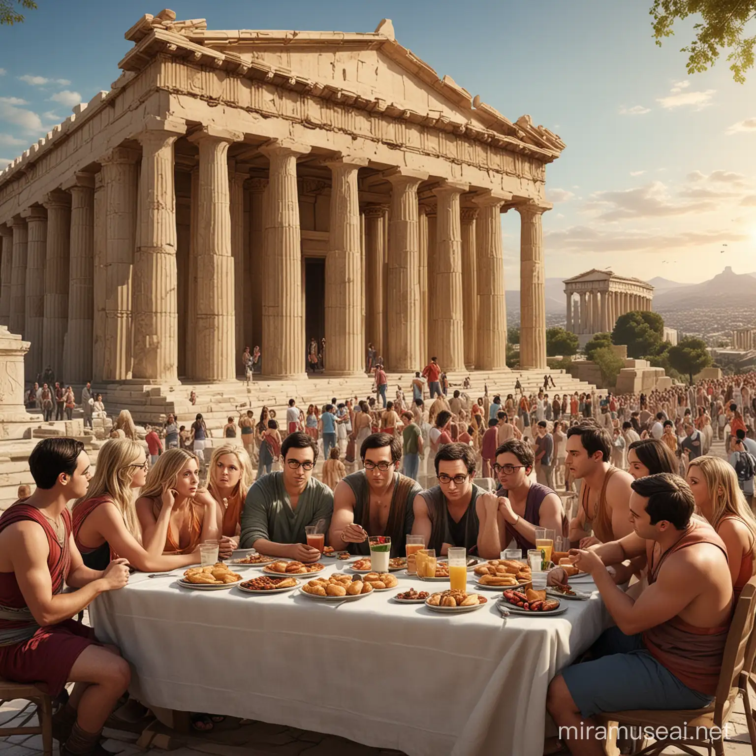 The characters from the big bang theory well represented at the Holy Supper in an ultra-realistic setting with the Parthenon temple in a realistic setting in ancient Greece as the background, eating and drinking (sfihas, juices, donuts and pizzas)
