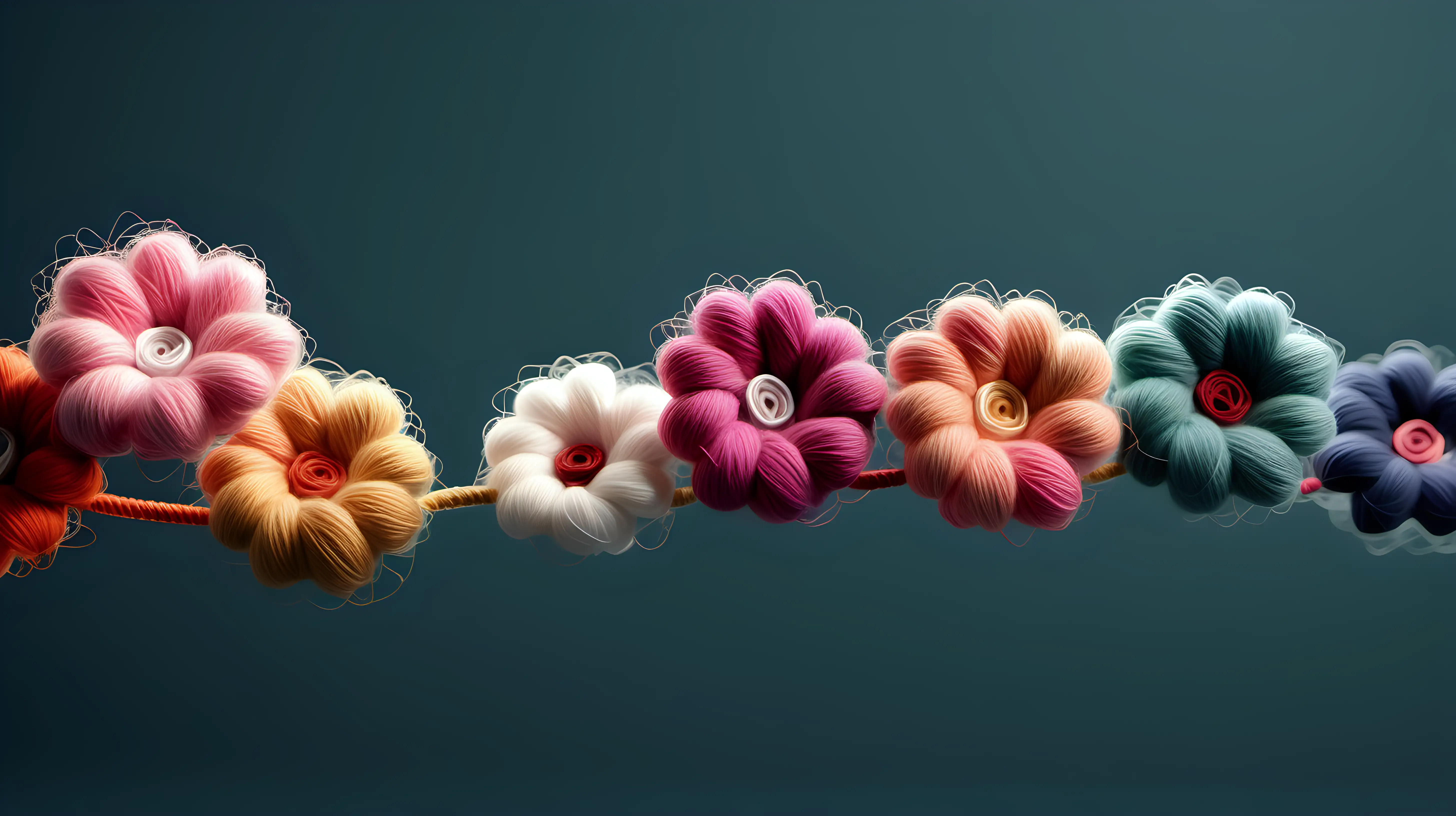  isolated fuzzy, Woolen thread flowers with serpentine thread, thread floating in 3d perspective, realistic, curvy, lots of yarn threads flying  at you