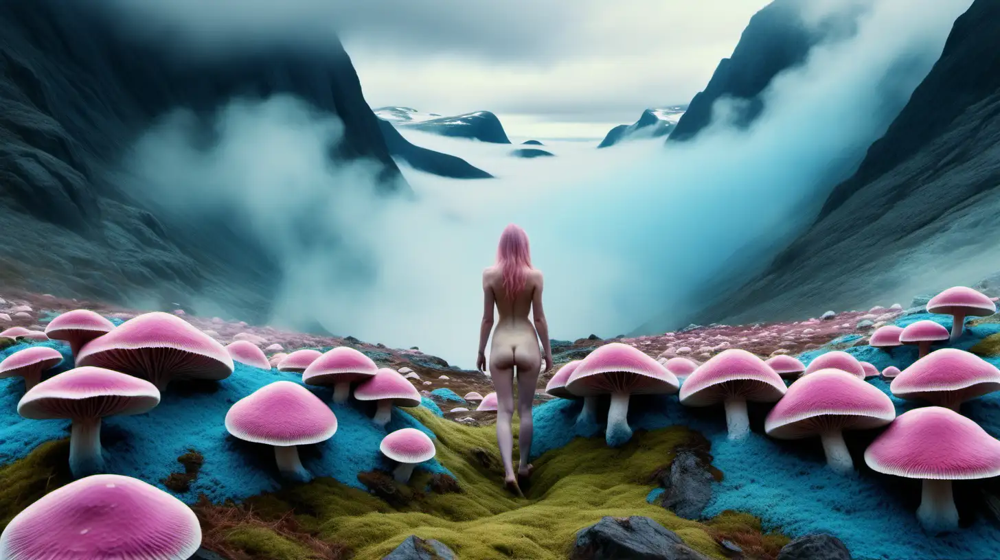 Psychedelic mountainous Norwegian landscape, large crystalline bluish minerals, nude woman in center, Moss, foggy mist, Pink and blue striated mushrooms, taken with DSLR camera, vast, realistic lighting