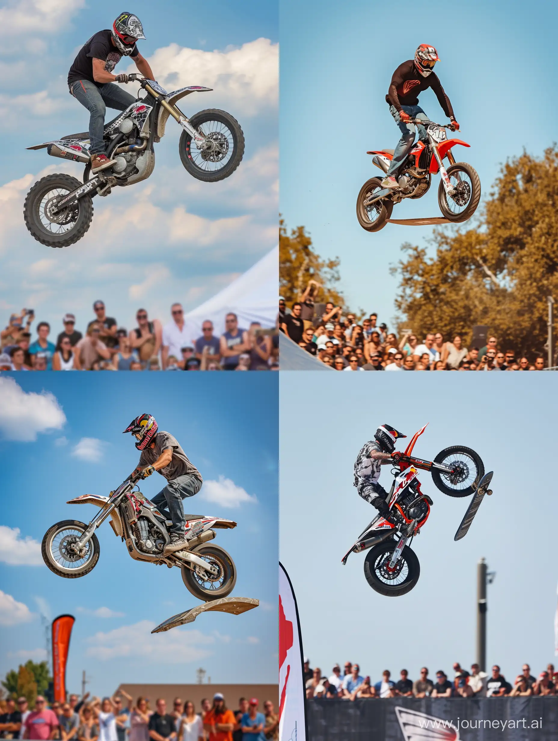 A man on a motorcycle jumps from a springboard, does a backflip trick against the backdrop of spectators, realistic 