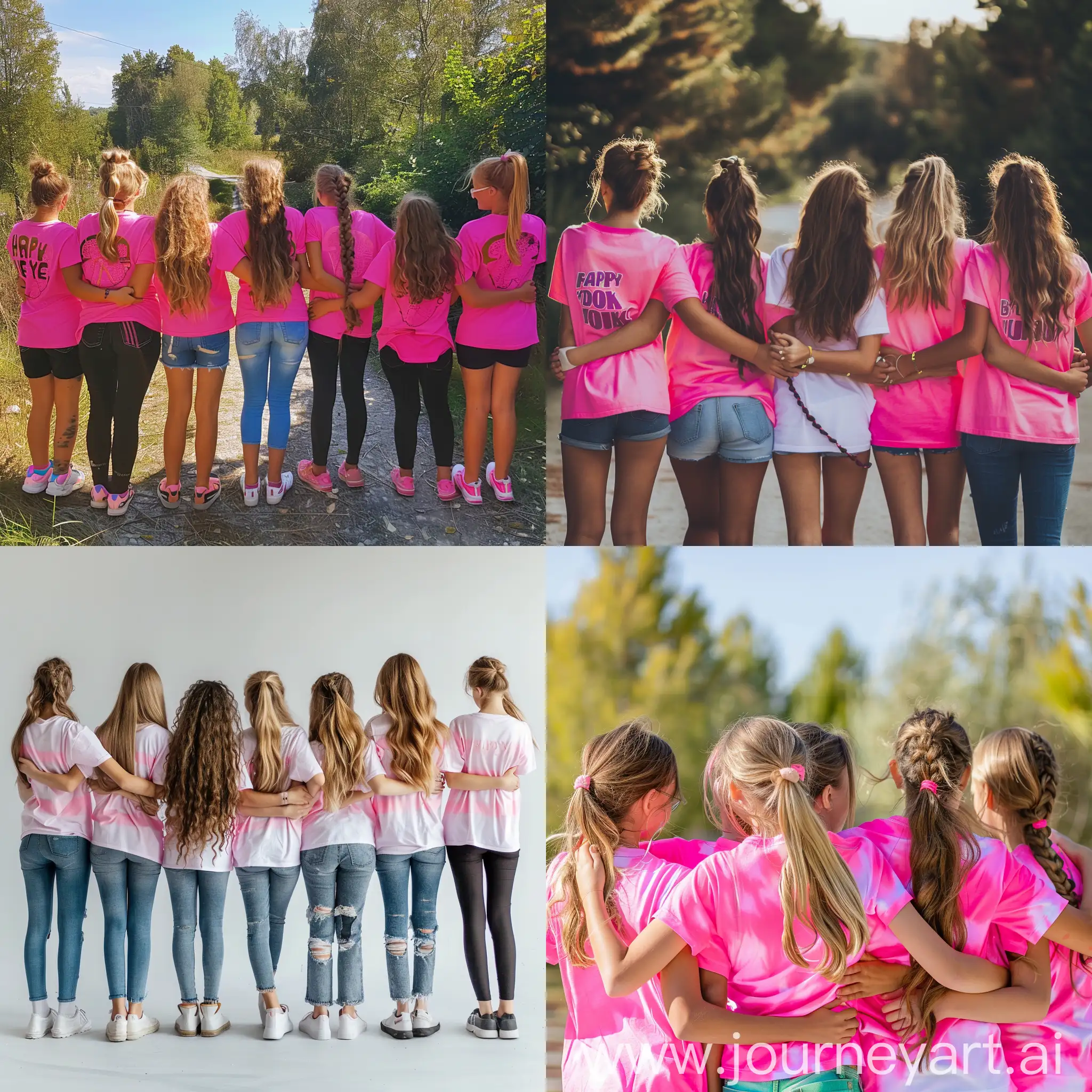 All group Girls Friends 17 years old and all in a straight line give hug happy two bye two and t-shirt pink fluo back view 