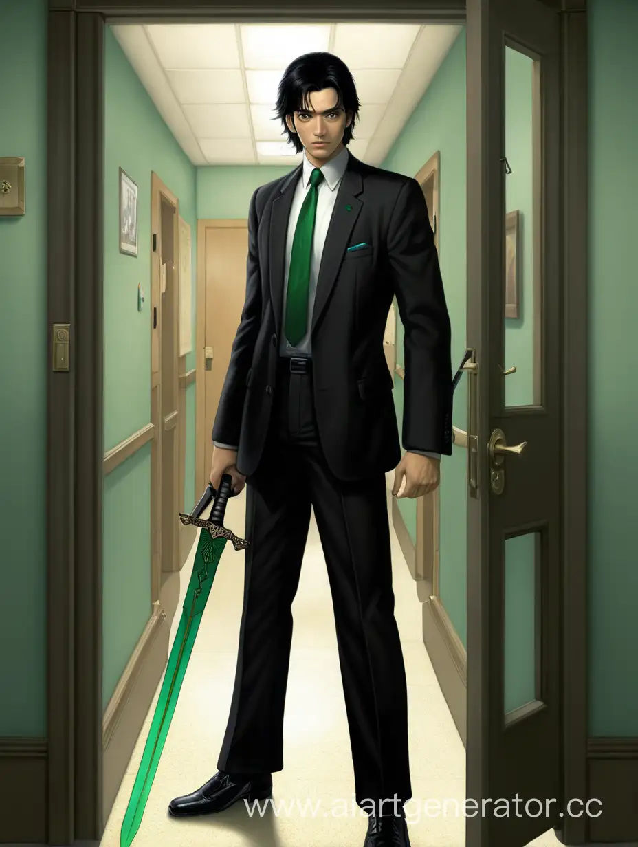 Мужчина с черными волосами в черном пиджаке, с черными брюками, в галстуке, с черными туфлями стоит у двери в коридоре держа в руках зелёный меч.