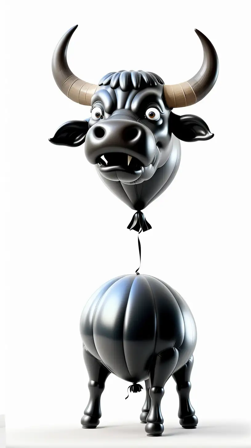 Imagine a vibrant, deflated black bull balloon slowly losing its air. air coming out from its behind. As it deflates, the once proud and buoyant figure begins to sag, losing its shape and energy. white background