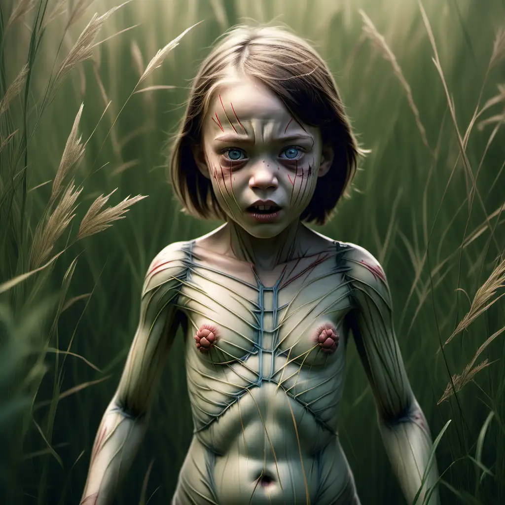 Terrifying Female Child with Stitch Marks in High Grass