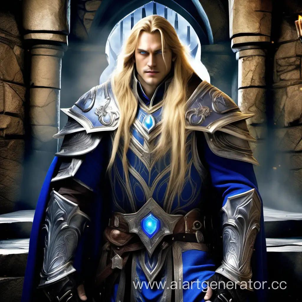 noble, young man, tall, beautiful long hair, blonde hair color, baron, human, fantasy, in the castle, gorgeous medival clothes, expensive medival clothes, Arthas from Warcraft 3,