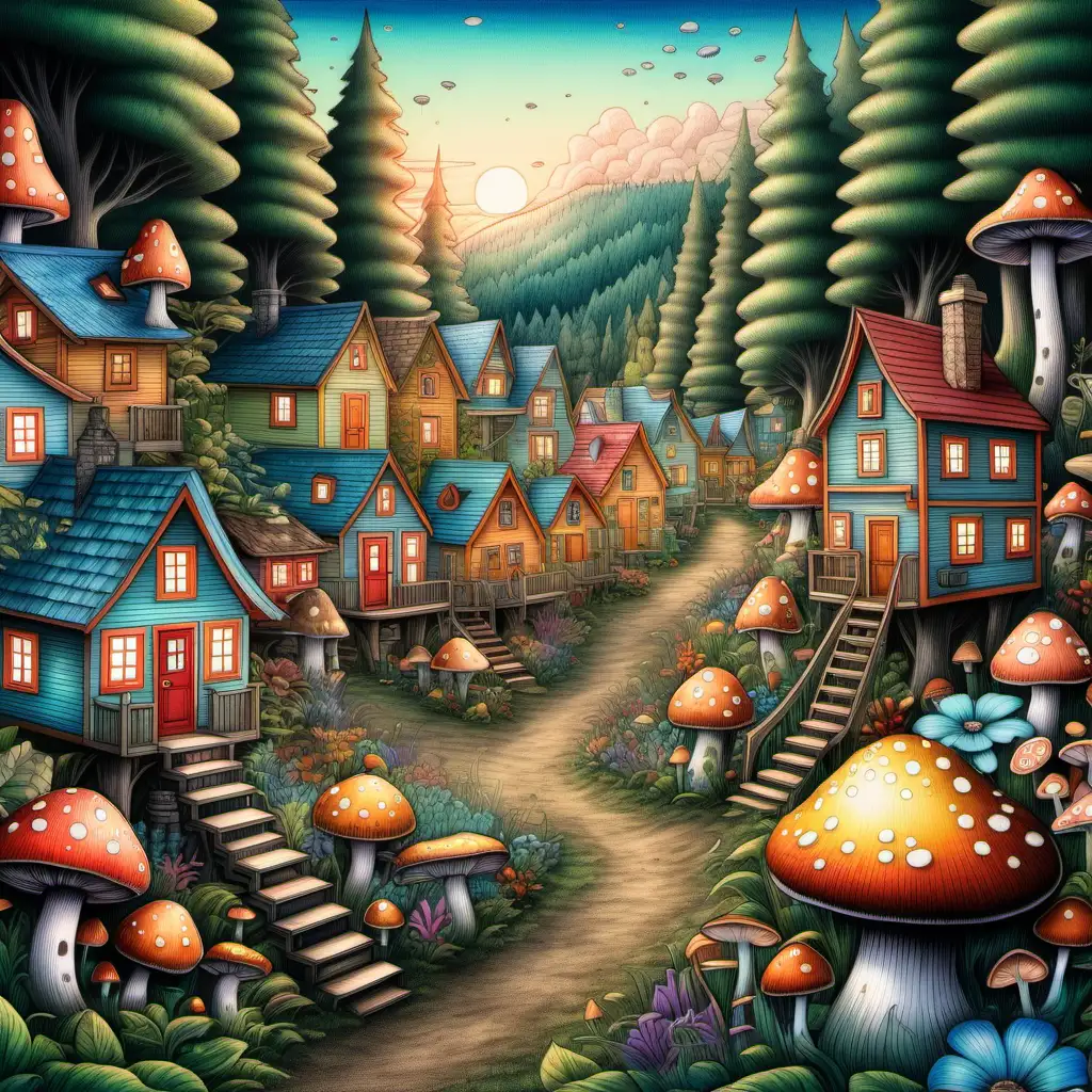 A bustling lilliputian village, with tiny houses made of colorful flowers and mushrooms, nestled in a lush green forest., Colored Pencil, Ink, Hyperdimensional, Light Blue Foreground, Warm Color Palette, Volumetric Lighting, Beautiful Lighting