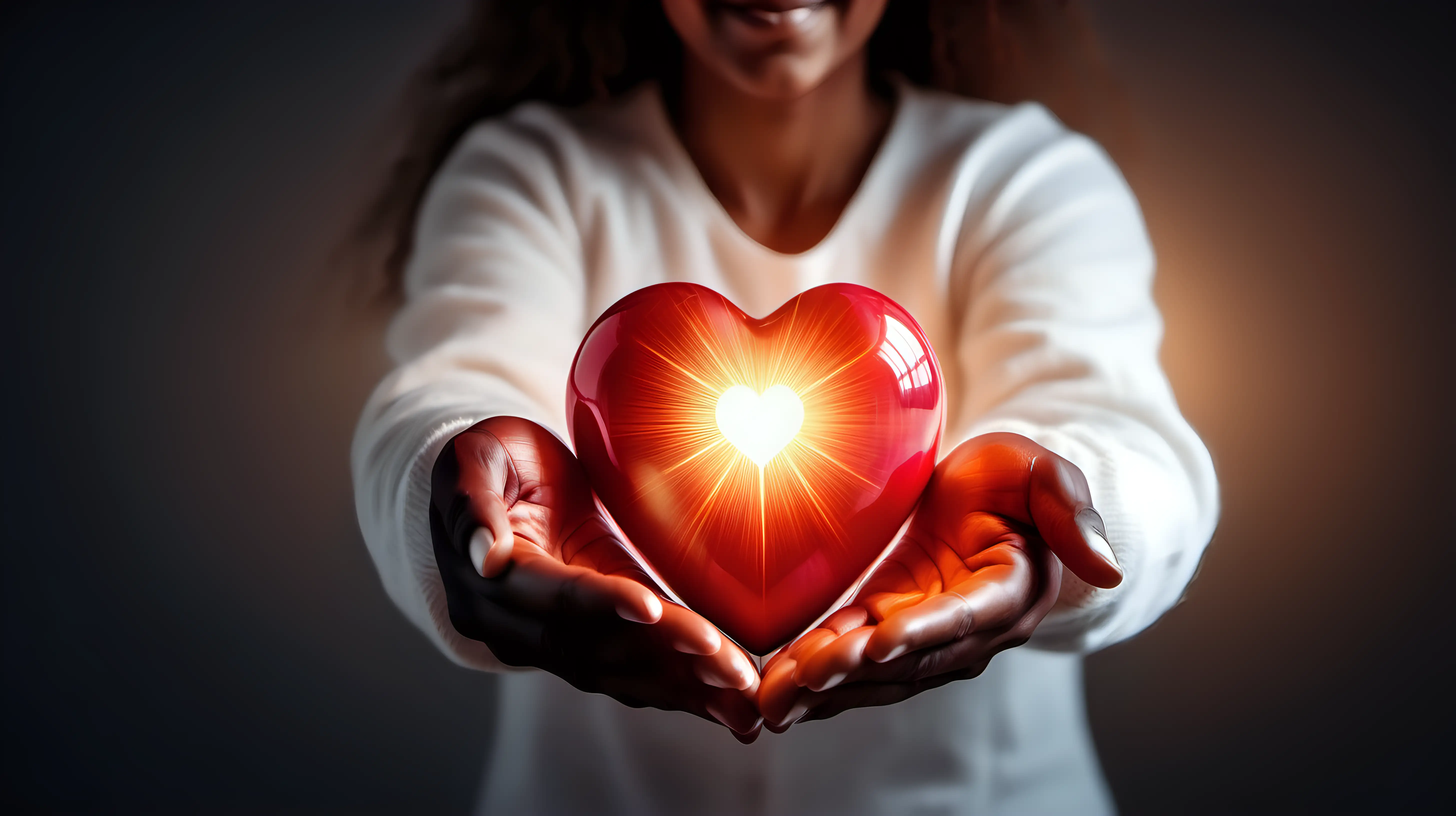 A caring individual holding a radiant human heart in their hands, the soft glow reflecting a commitment to heart health and well-being.