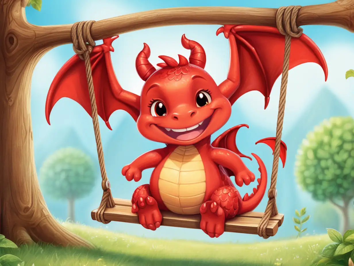 a sweet, smiling, little red dragon   on  swing