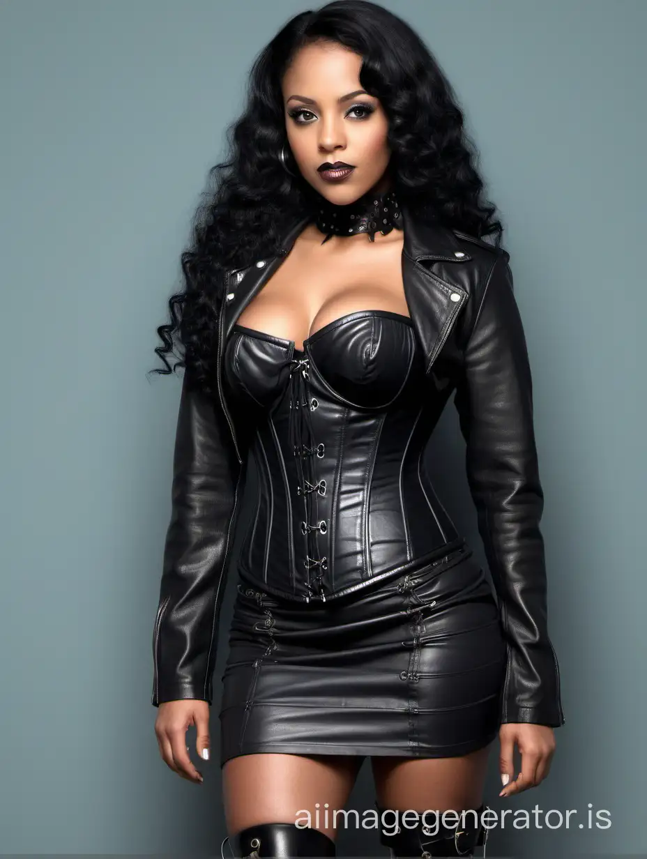 Brazilian tan skin , black hair 30 year old black lady, but light skinned black, lady, 30 years wearing a black corset and a leather jacket, a short leather skirt and knee high platform boots