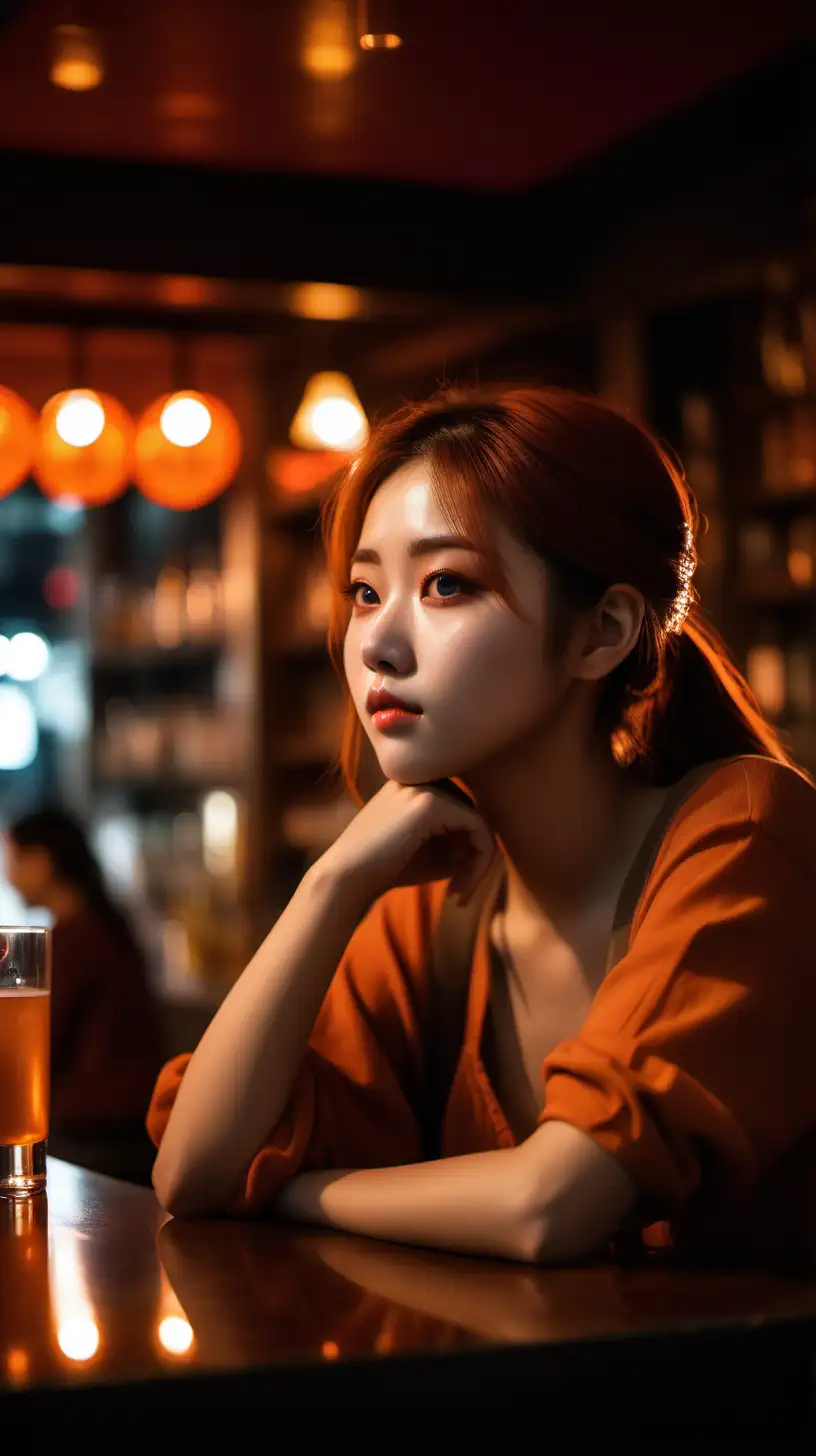 girl in the bar looking away, in the style of hallyu, soft, romantic scenes, zeiss batis 18mm f/2.8, strong facial expression, romantic use of light, dark orange and light brown, realistic scenes