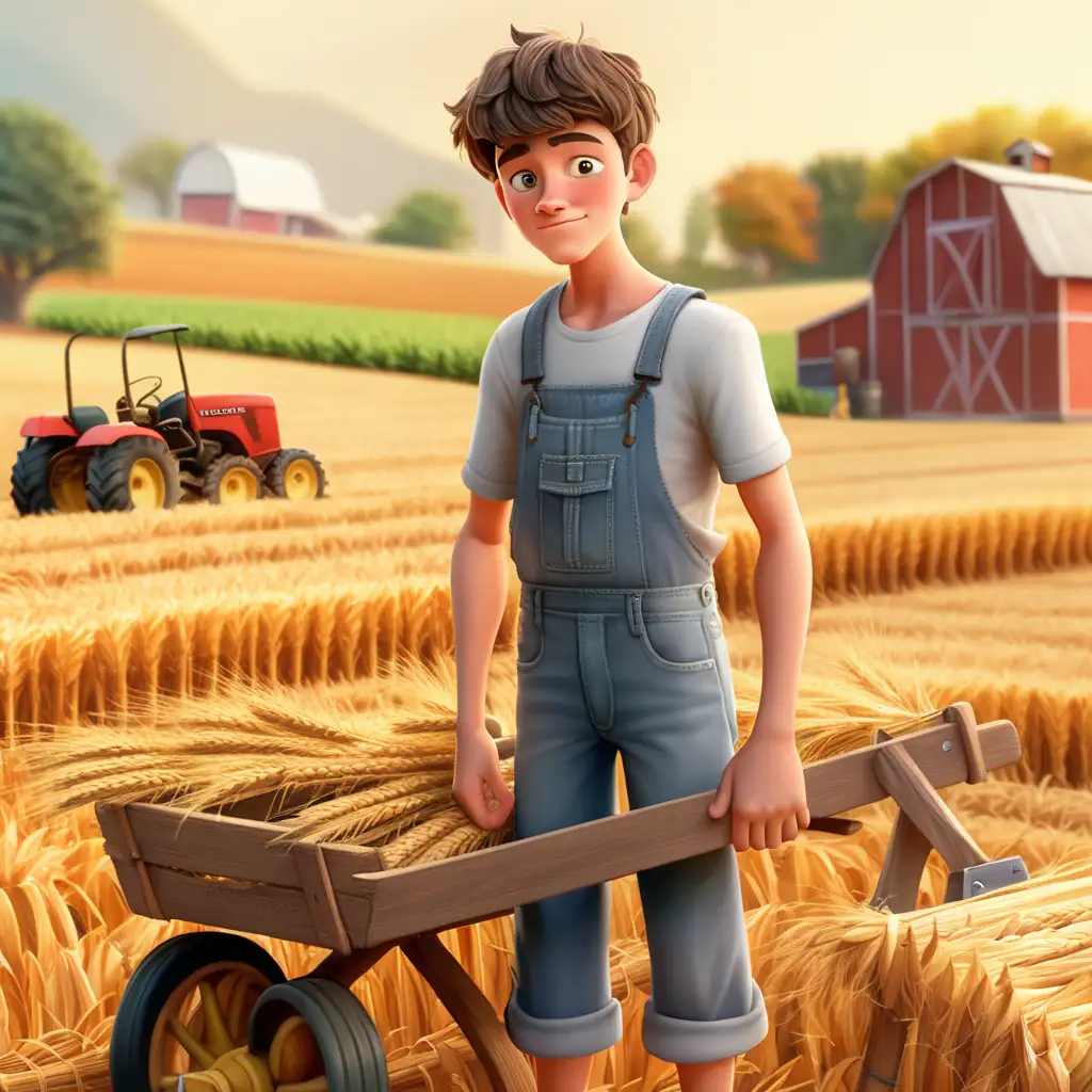 Create a 3D illustrator of an animated scene of a  17-year-old grandson is described as fit, but lazy, doing harvesting on a farm with a disappointed sweating face. Beautiful and spirited background illustrations.