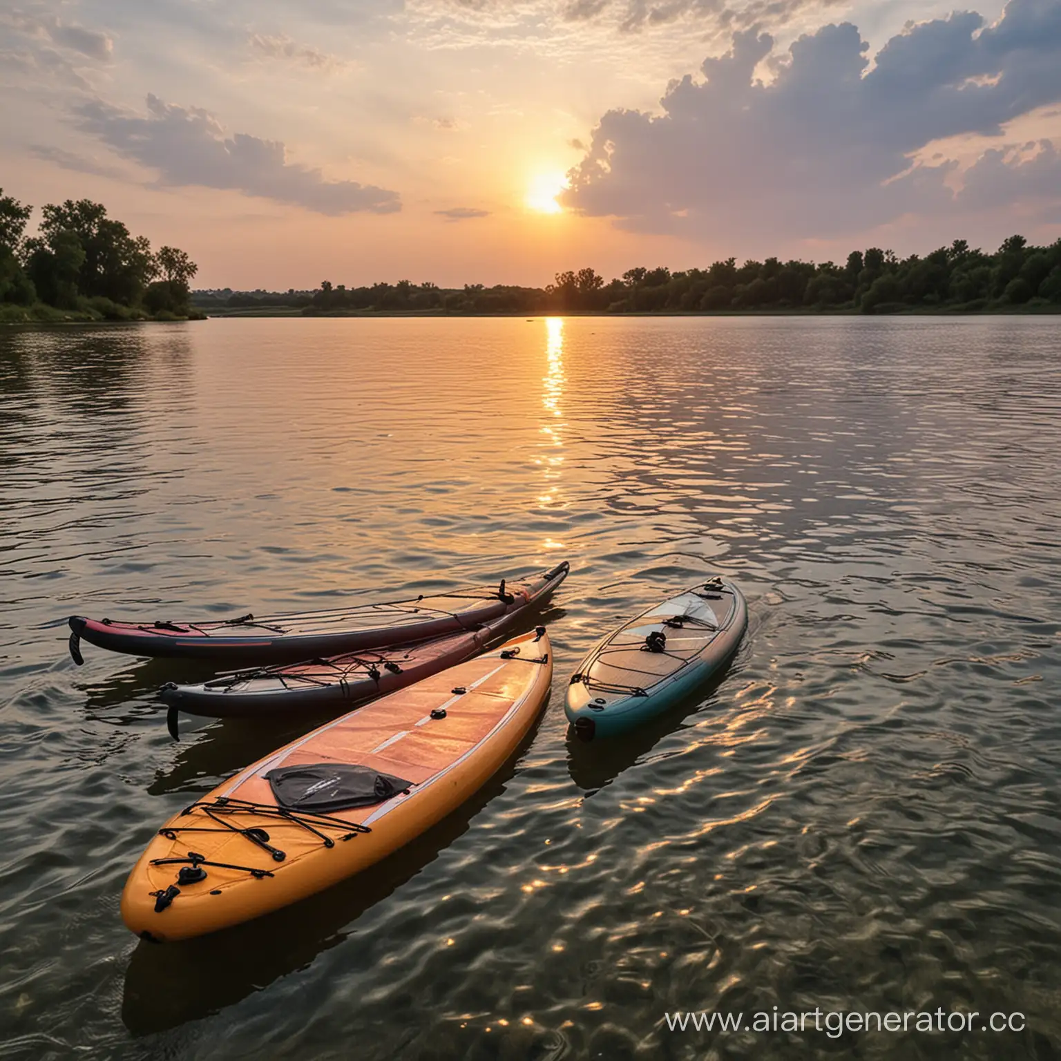 Tranquil-Sunset-River-Scene-with-Floating-SUP-Boards